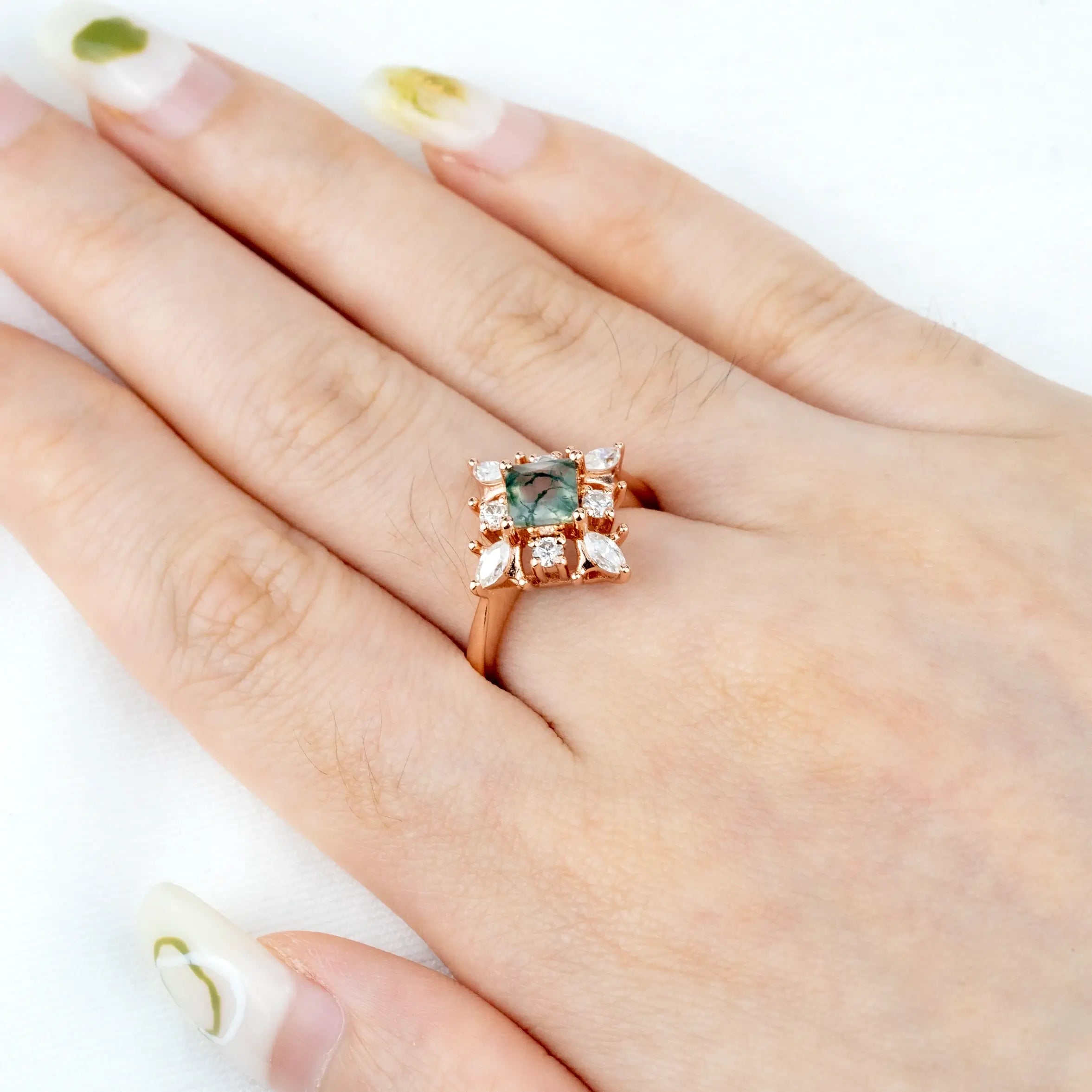Cora - Princess Cut Moss Agate Ring Art Anniversary Rings custom gold engagement ring for ladies gift best gold ring fashion jewelry