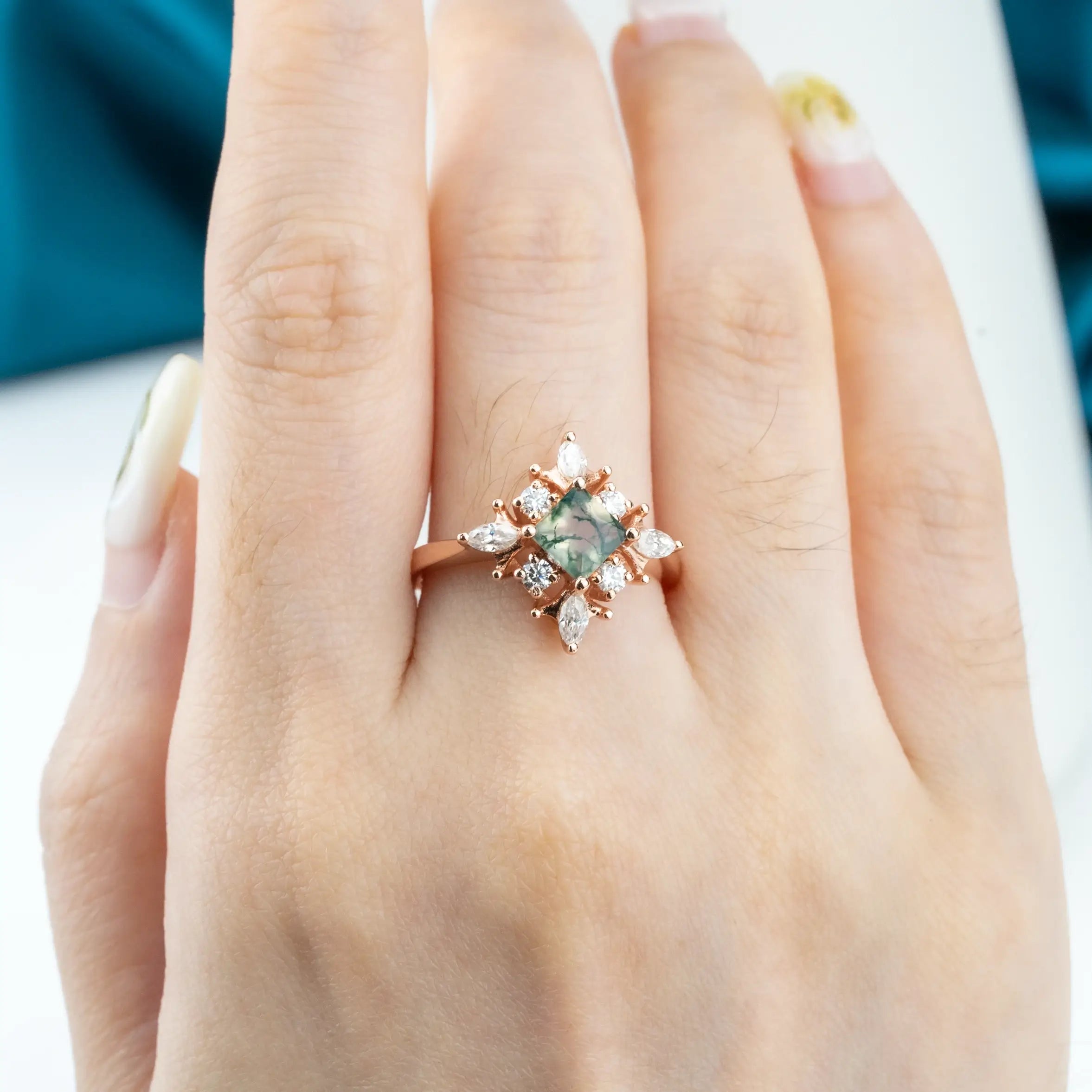 Cora - Princess Cut Moss Agate Ring Art Anniversary Rings custom gold engagement ring for ladies gift