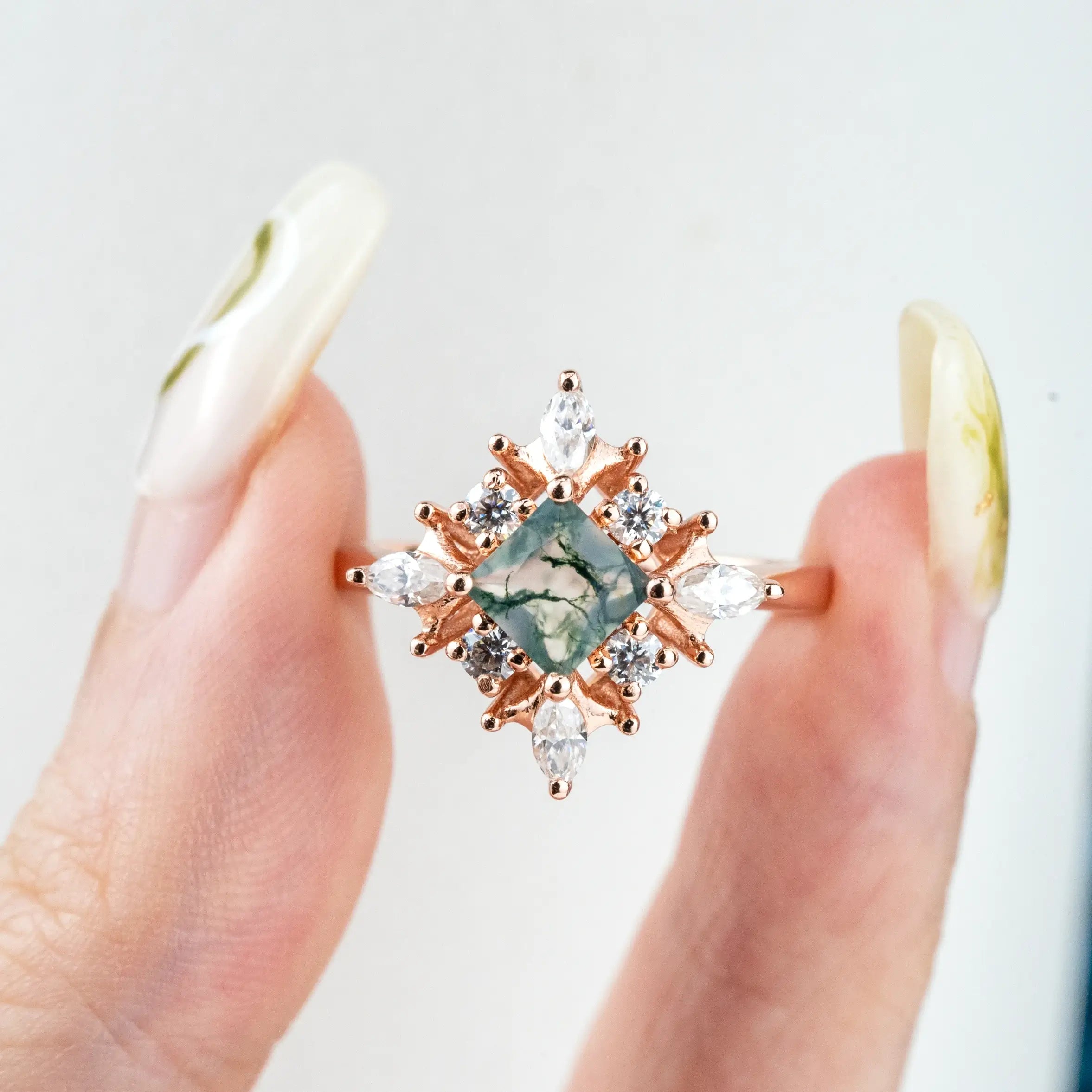 Cora - Princess Cut Moss Agate Ring Art Anniversary Rings custom gold engagement ring for ladies gift