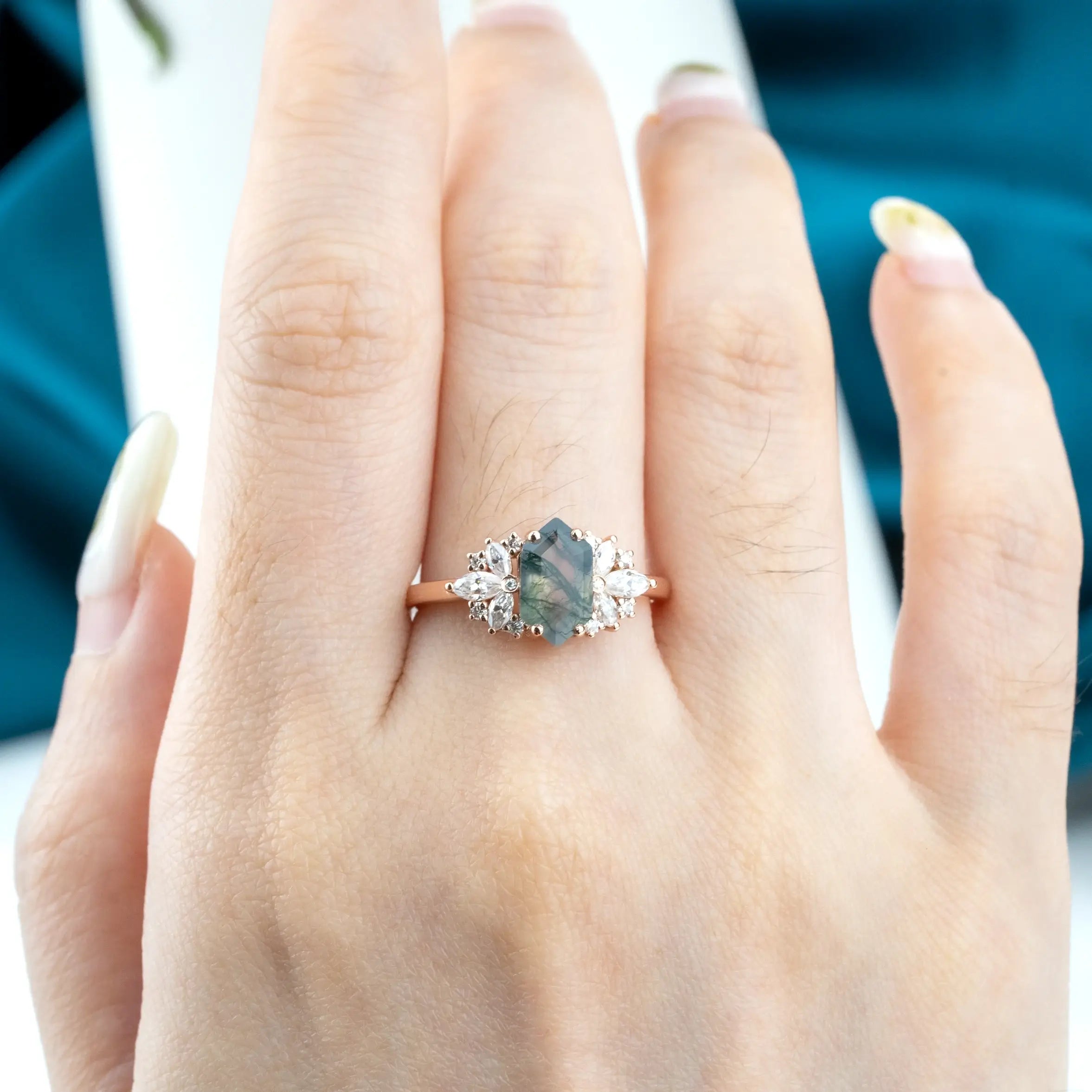 Vespera - Flower Gold Ring Cluster Natural Moss Agate Rings For ladies anniversary ring
