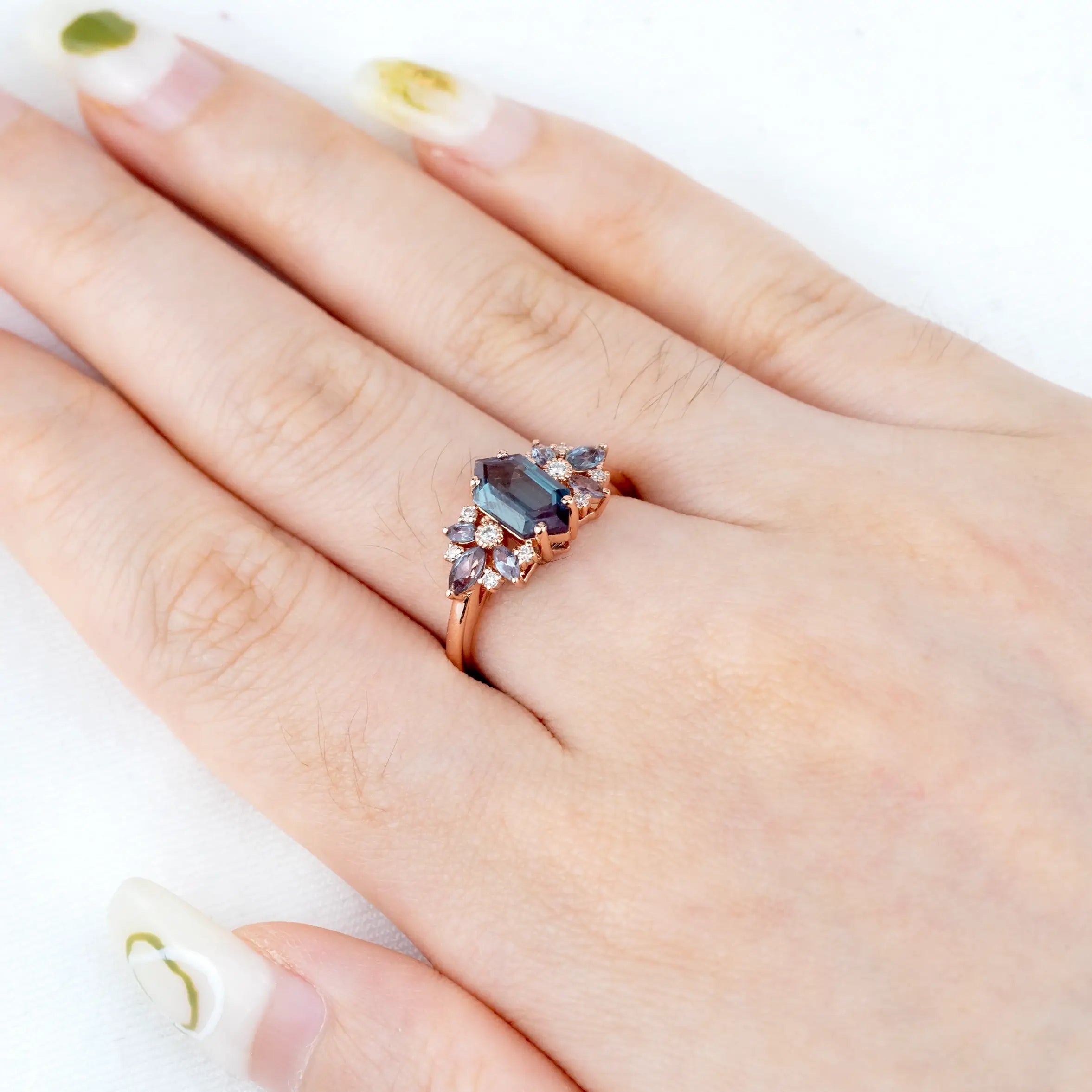 Aurelia - Custom Long Hexagon Cut Lab Alexandrite Ring