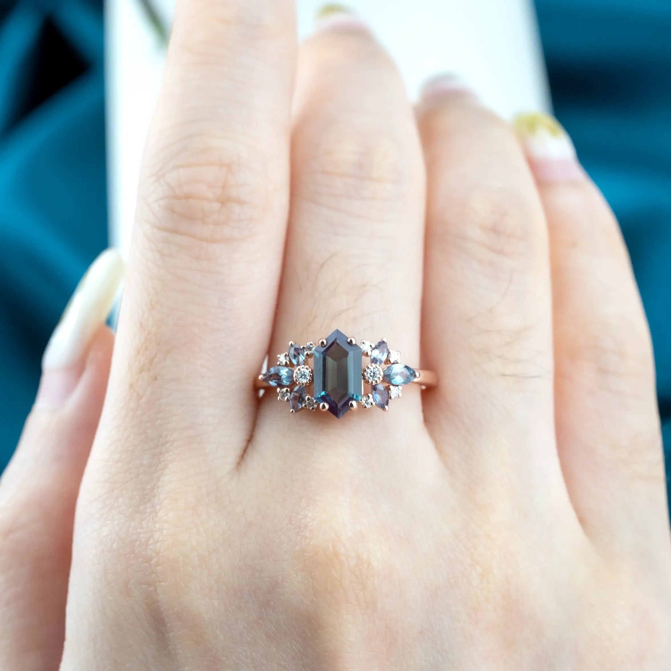 Aurelia - Custom Long Hexagon Cut Lab Alexandrite Ring for ladies women rings