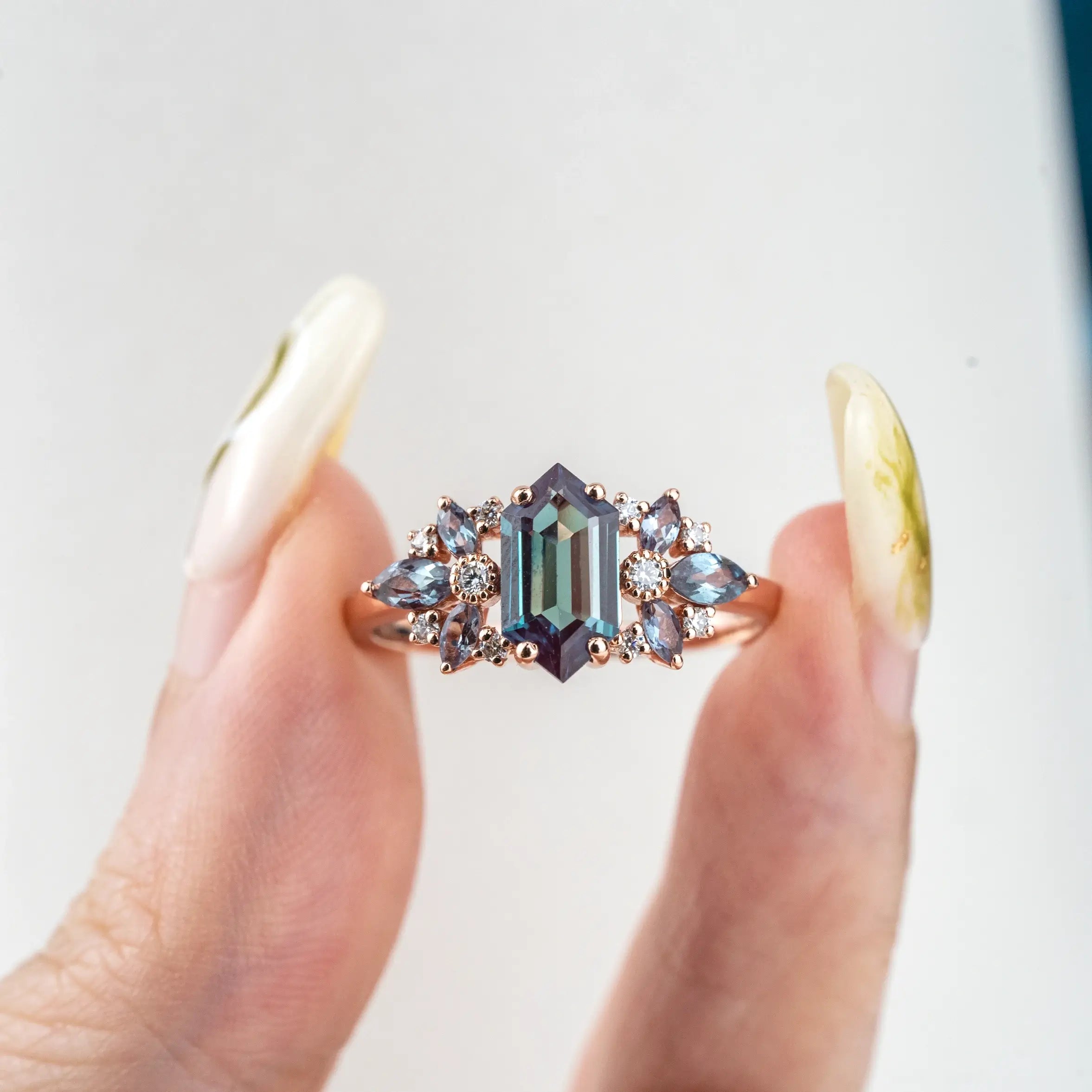 Aurelia - Custom Long Hexagon Cut Lab Alexandrite Ring flower ring for women gift promise