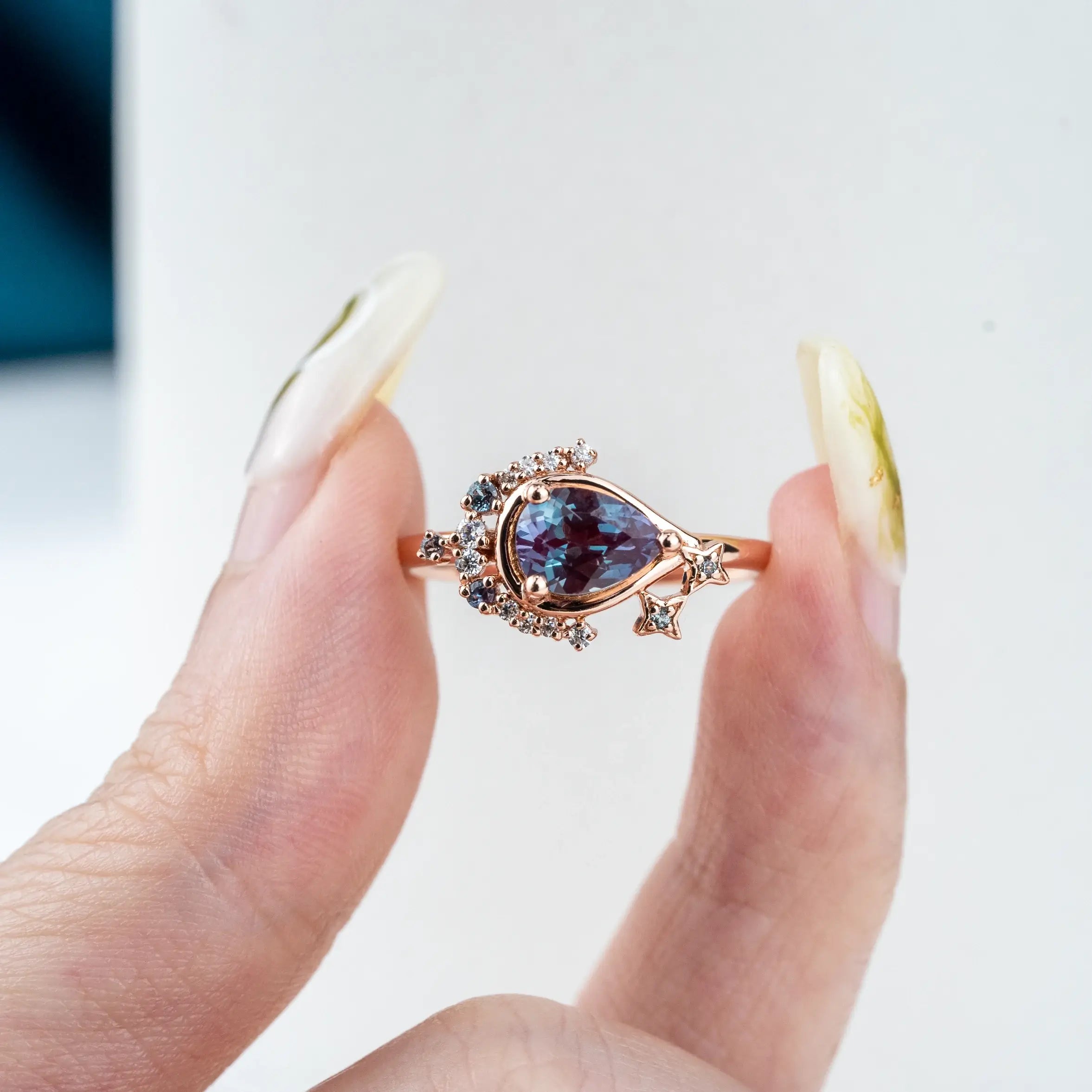 Luna - Pear Cut Lab Alexandrite Ring Moon Design Rings WEDDING RING PROMISE GIFTS
