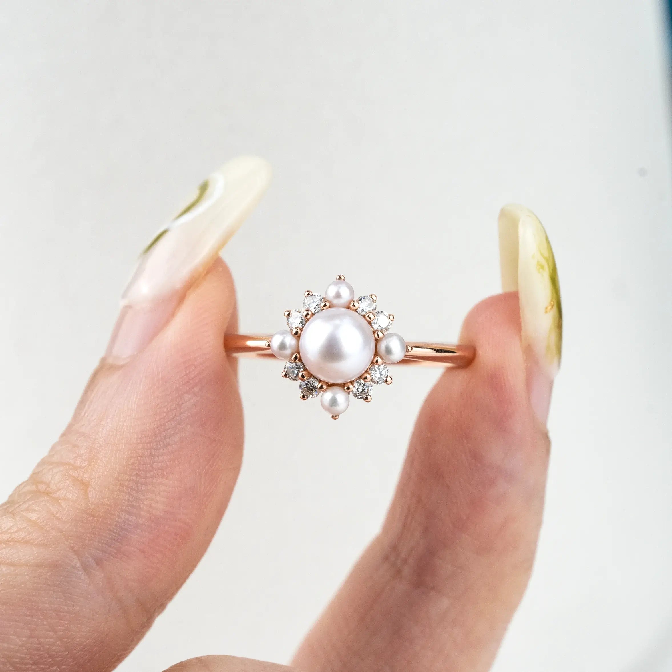 Elara - Akoya 5mm Pearl Rings Flower Ring Custom Gold Jewelry promise ring for ladies