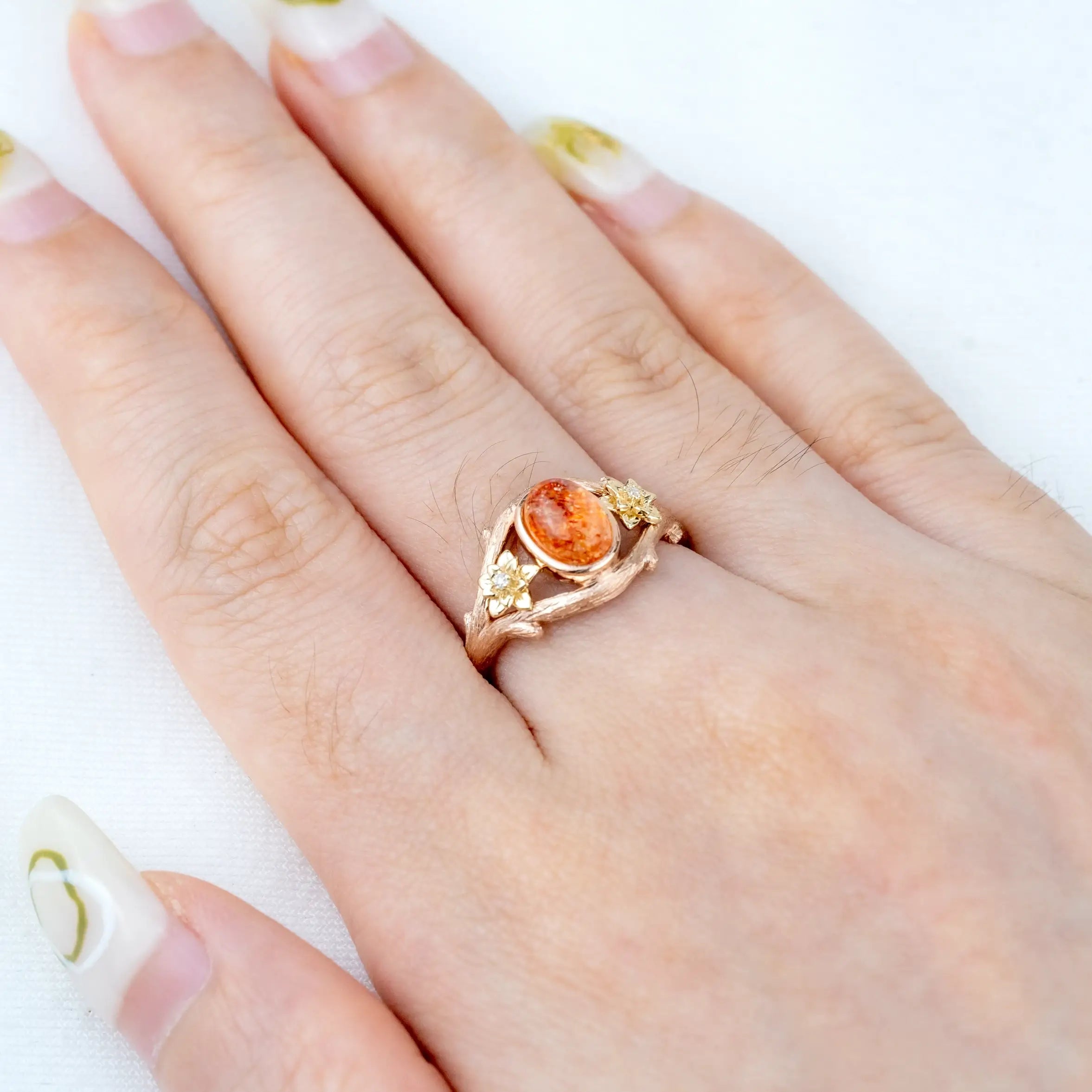 Solstice Blossom - Oval Sunstone Flower Rings Promise Gift