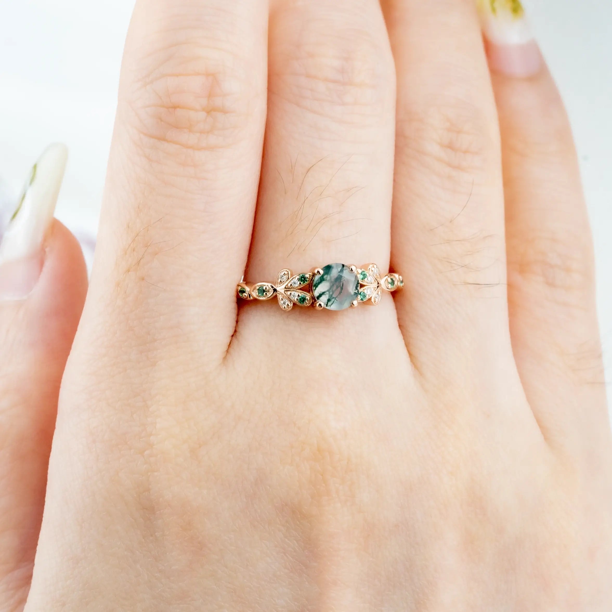 Blossom - Round Cut Moss Agate Ring Custom Flower Ring anniversary rings for ladies
