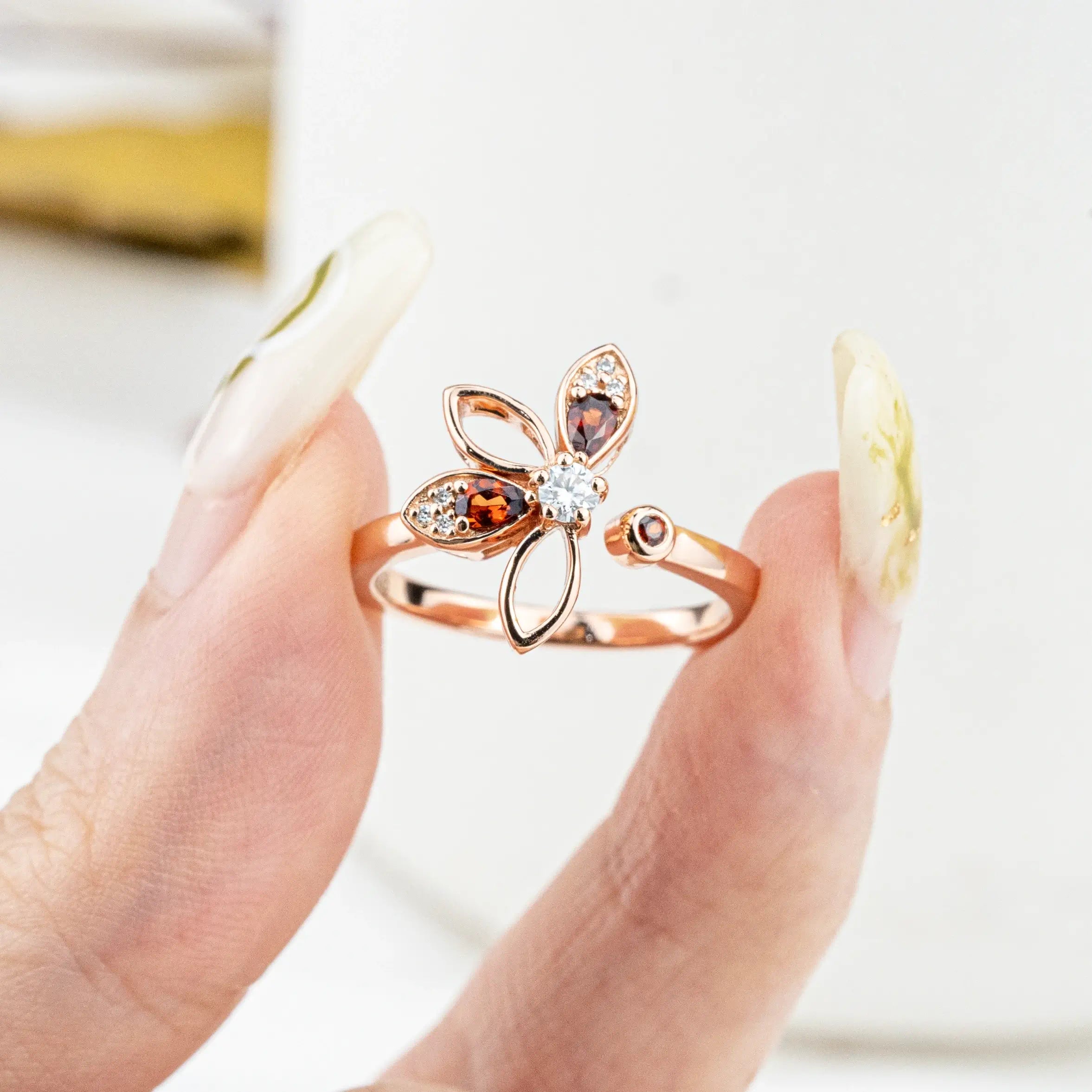 Flower Garnet Rings Birthstone Gold Ring for ladies anniversary ring promise gift natural diamond rings