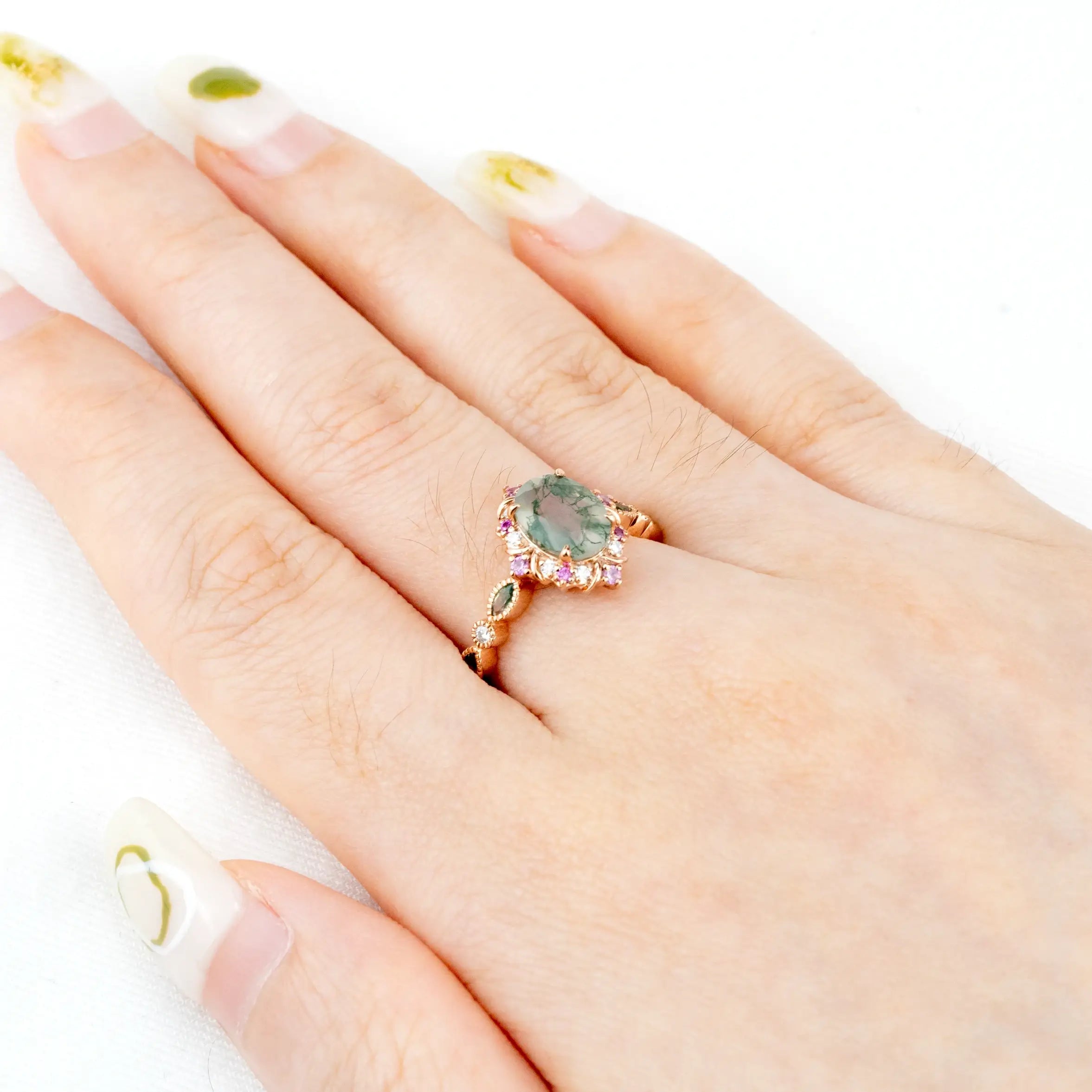 Whispering -Oval Moss Agate Rings Vintage Engagement Ring