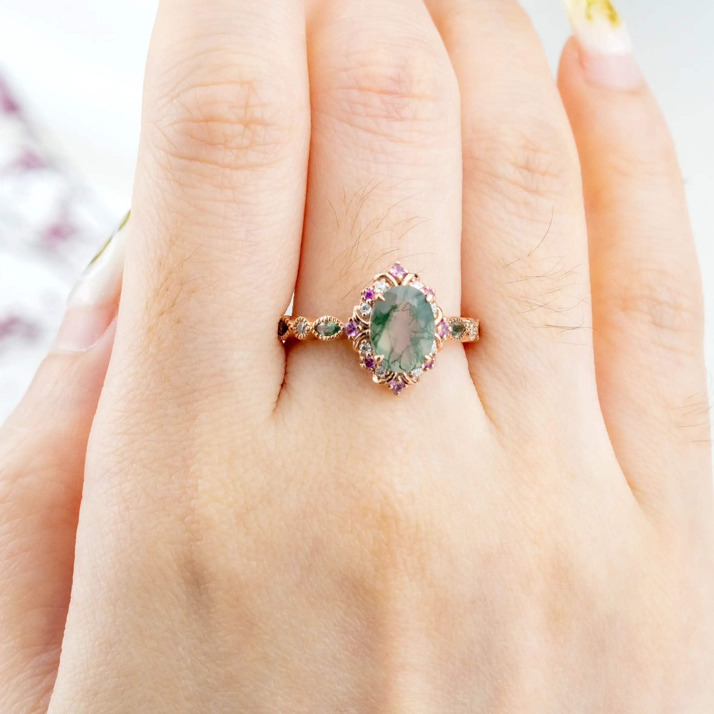 Whispering -Oval Moss Agate Rings Vintage Engagement Ring Green natural gem
