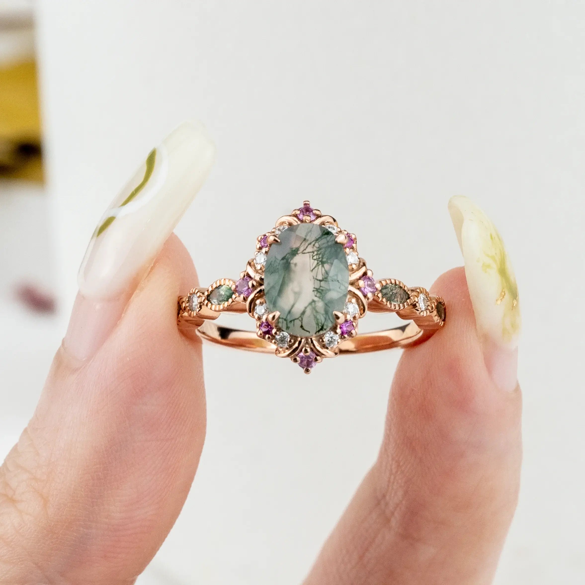 Oval Moss Agate Rings Vintage Engagement Ring wedding ring for women promise rings