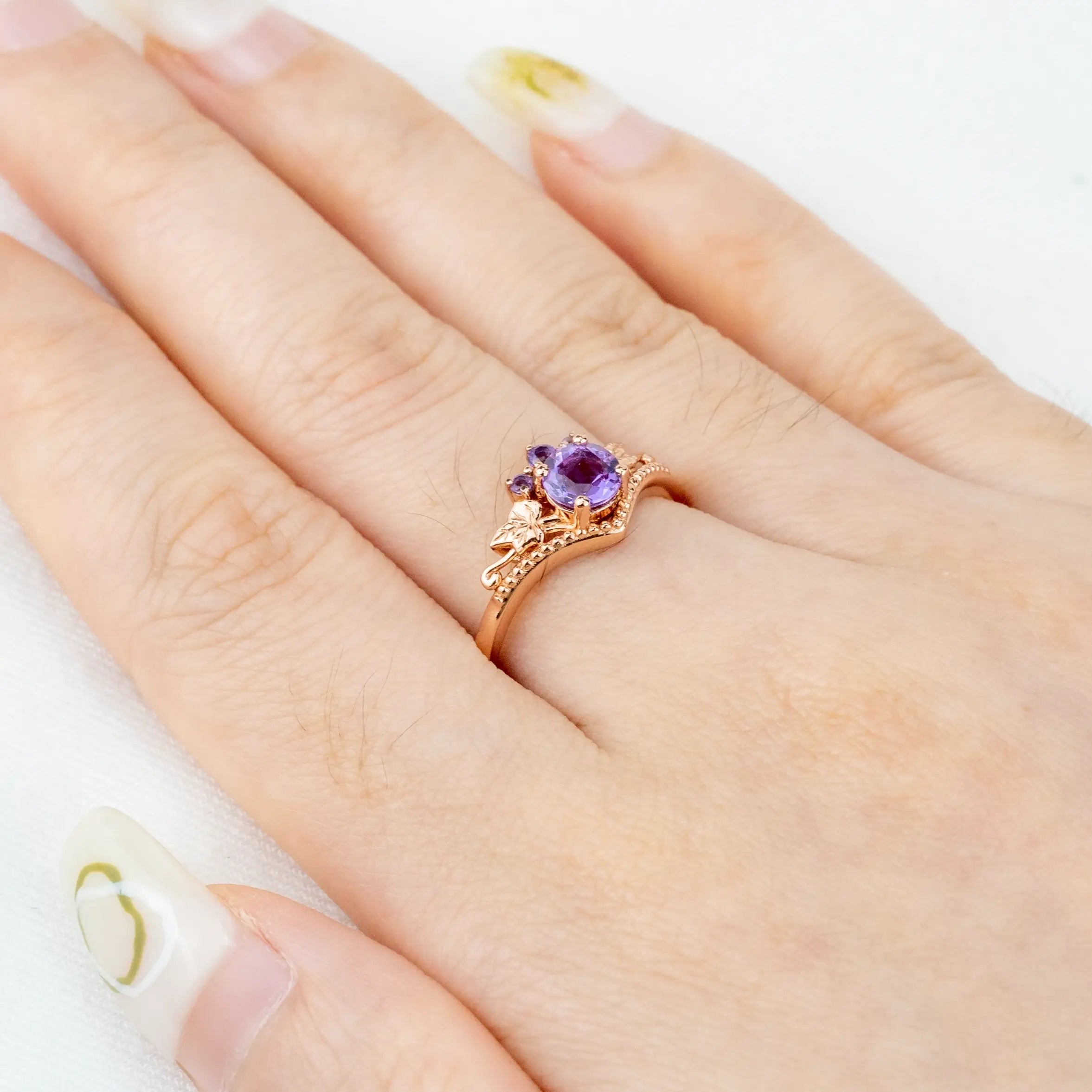 Custom gold ring- Round Amethyst Ring Vintage Leaf Engagement Rings aurumluminos jewelry brand