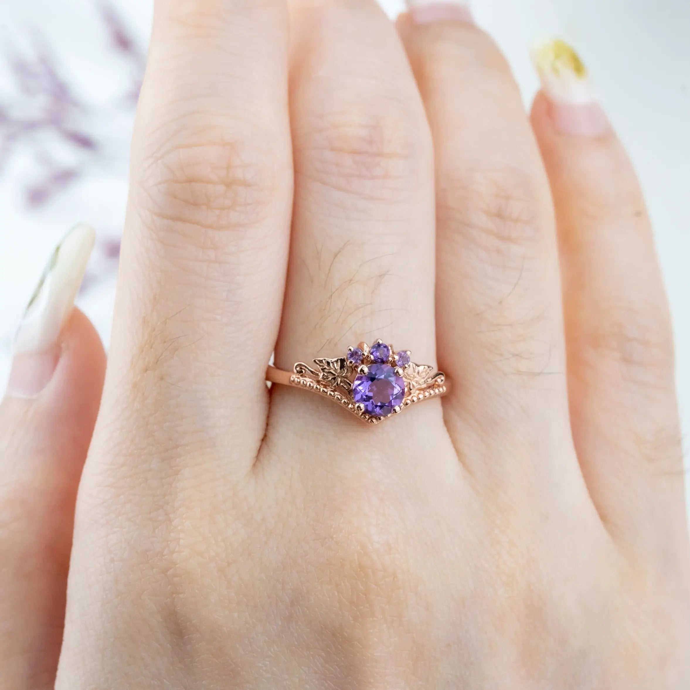 Bloom - Round Amethyst Ring Vintage Leaf Engagement Rings