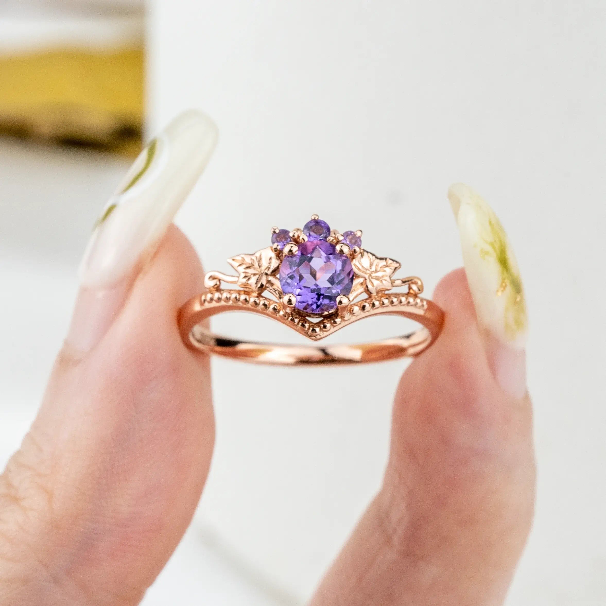 Custom gold ring- Round Amethyst Ring Vintage Leaf Engagement Rings aurumluminos jewelry brand