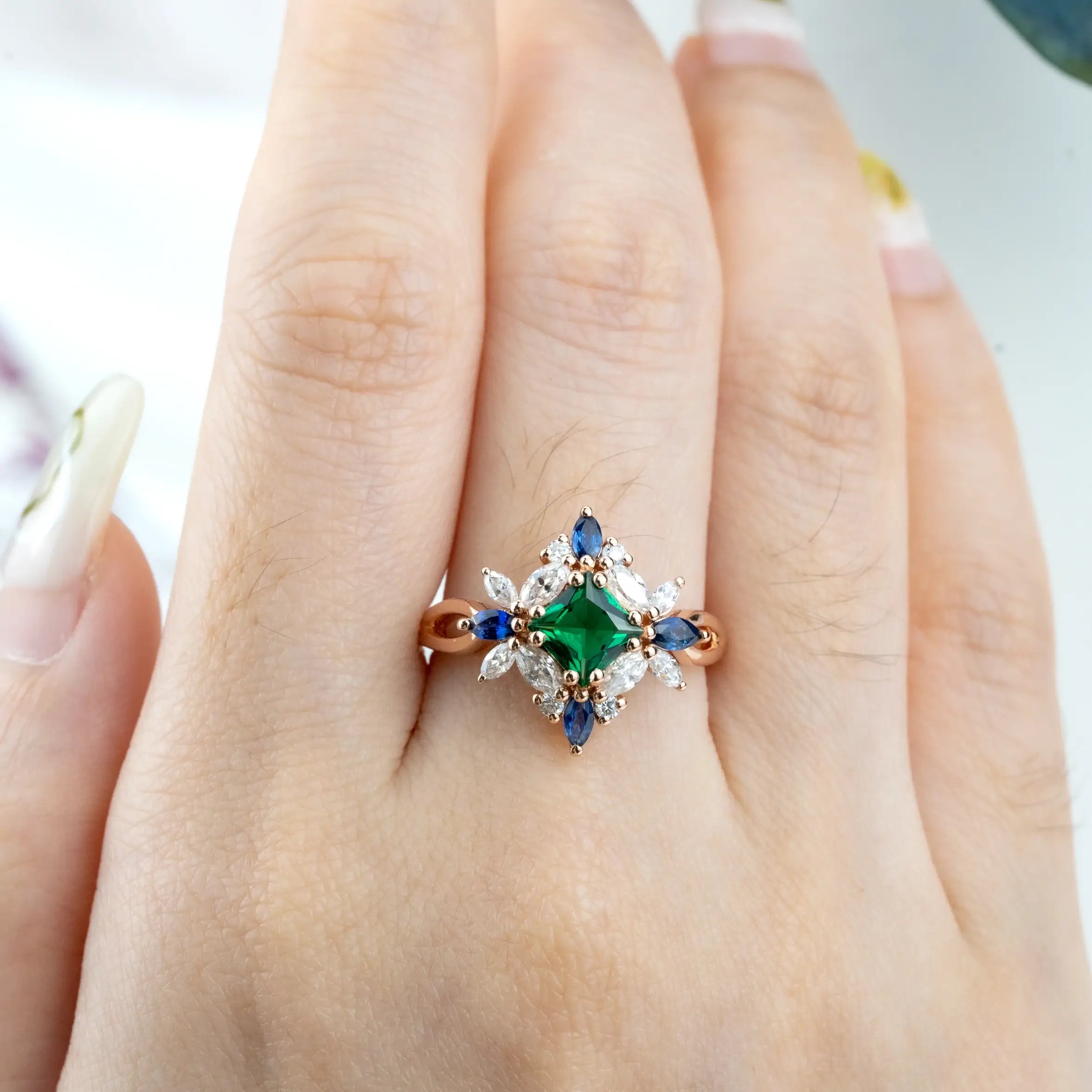 Lab Emerald Ring Butterfly Desgin Art Engagement Rings AURUMLUMINOS HANDMADE jewelry promise rings anniversary rings