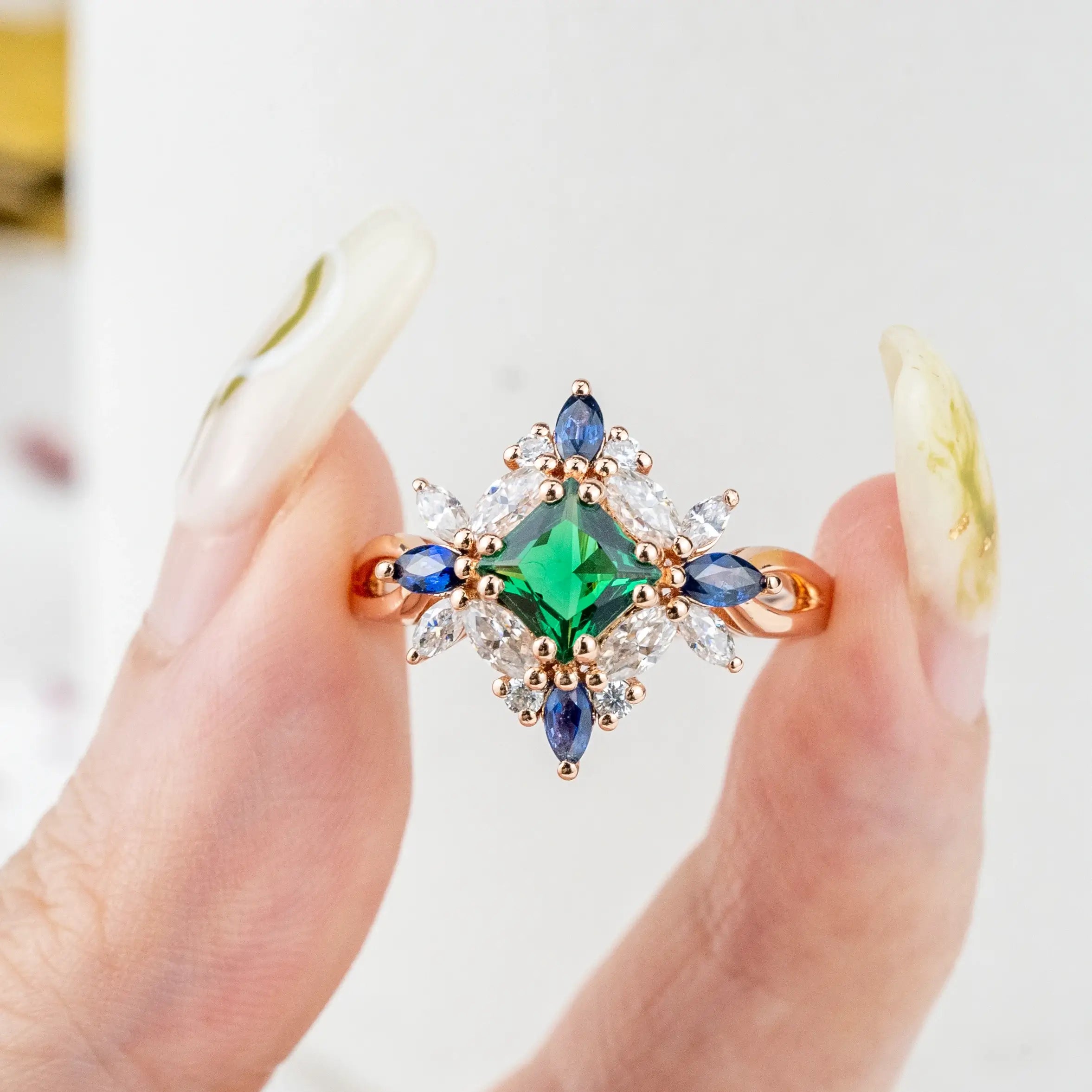 Lab Emerald Ring Butterfly Desgin Art Engagement Rings AURUMLUMINOS HANDMADE jewelry promise rings birthstone rings
