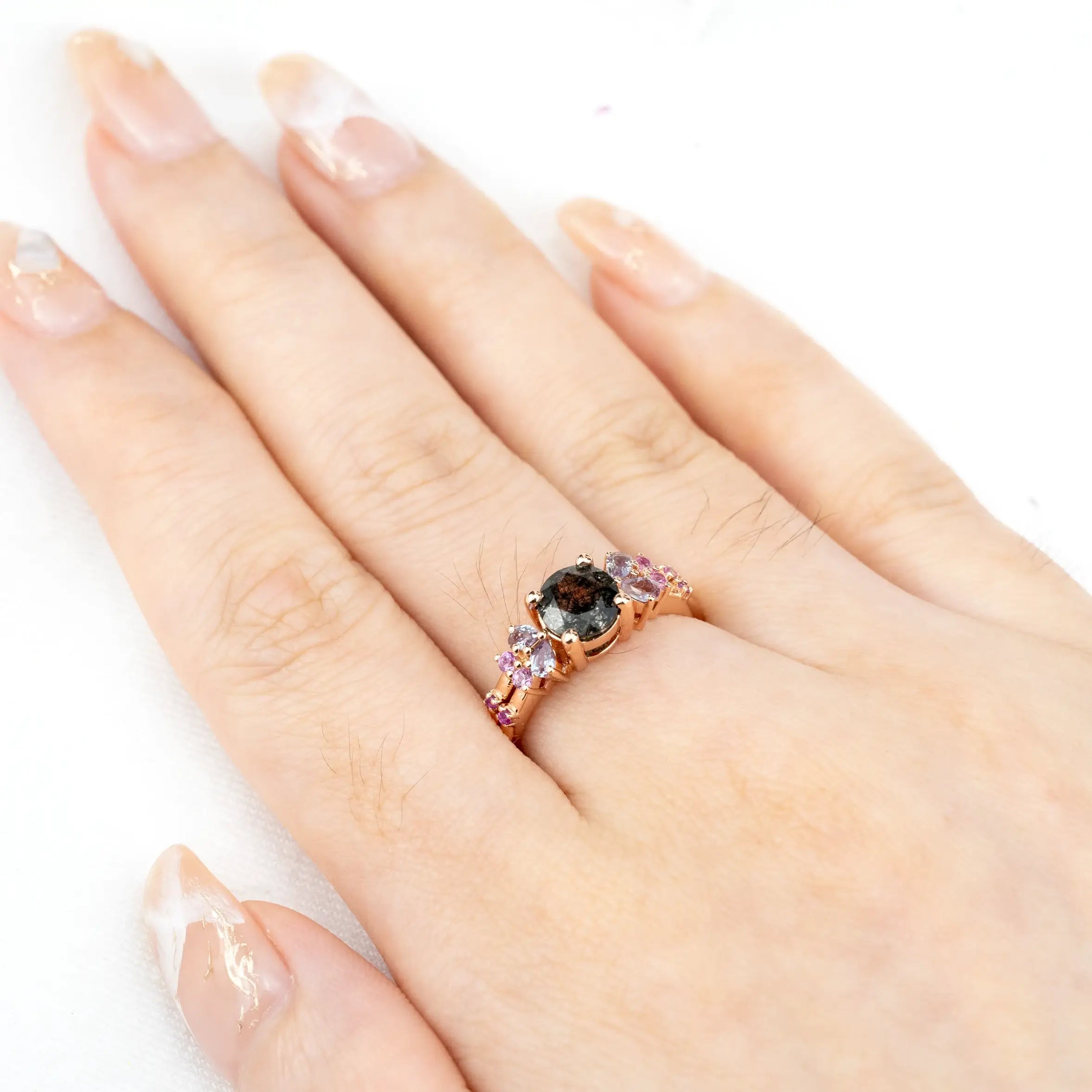 Elegant 14K Rose Gold & Black Quartz Engagement Ring
