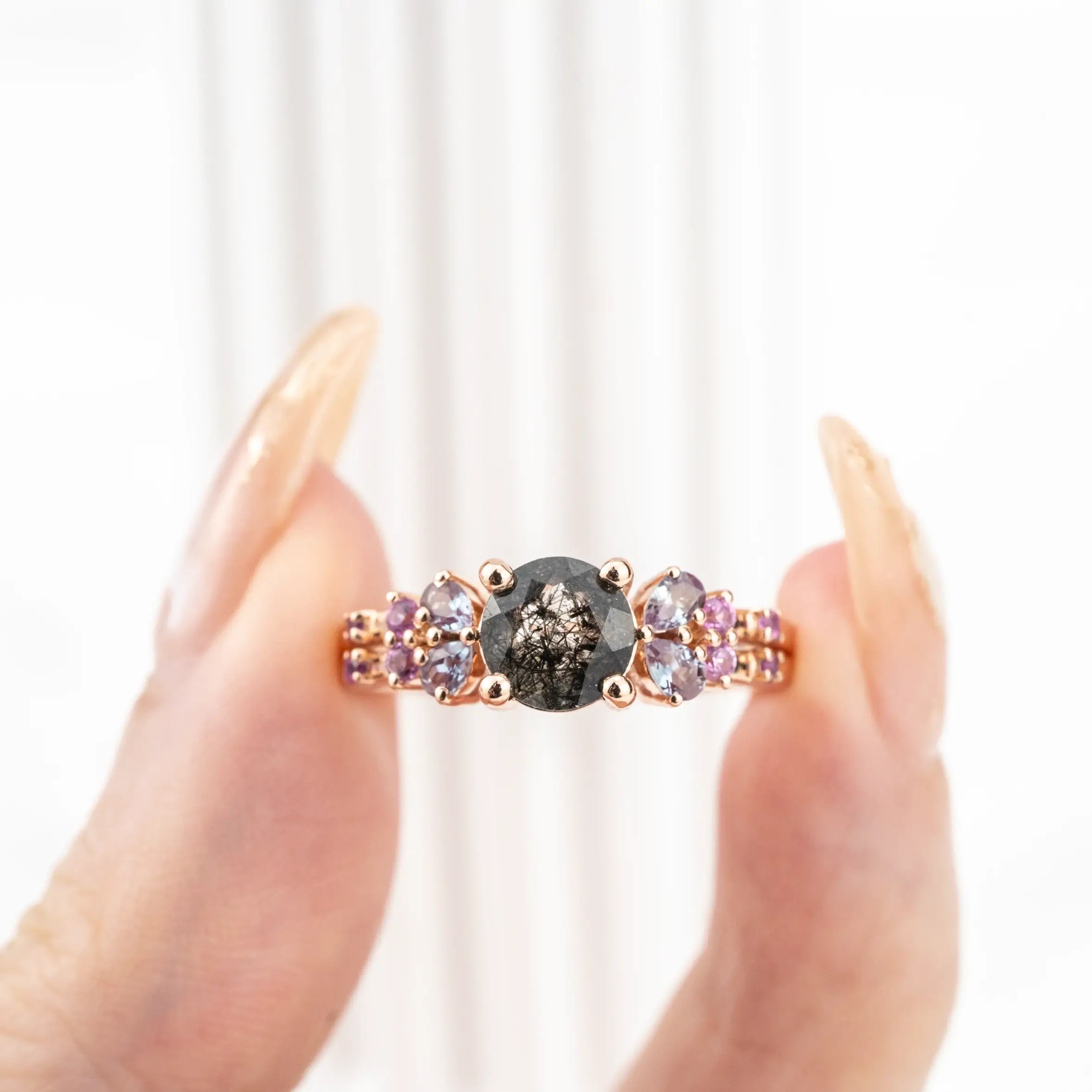 Handcrafted 14K Rose Gold Engagement Ring with Round Cut Black Rutilated Quartz - Custom Made, Elegant Design Promise Ring Anniversary Gift for ladies