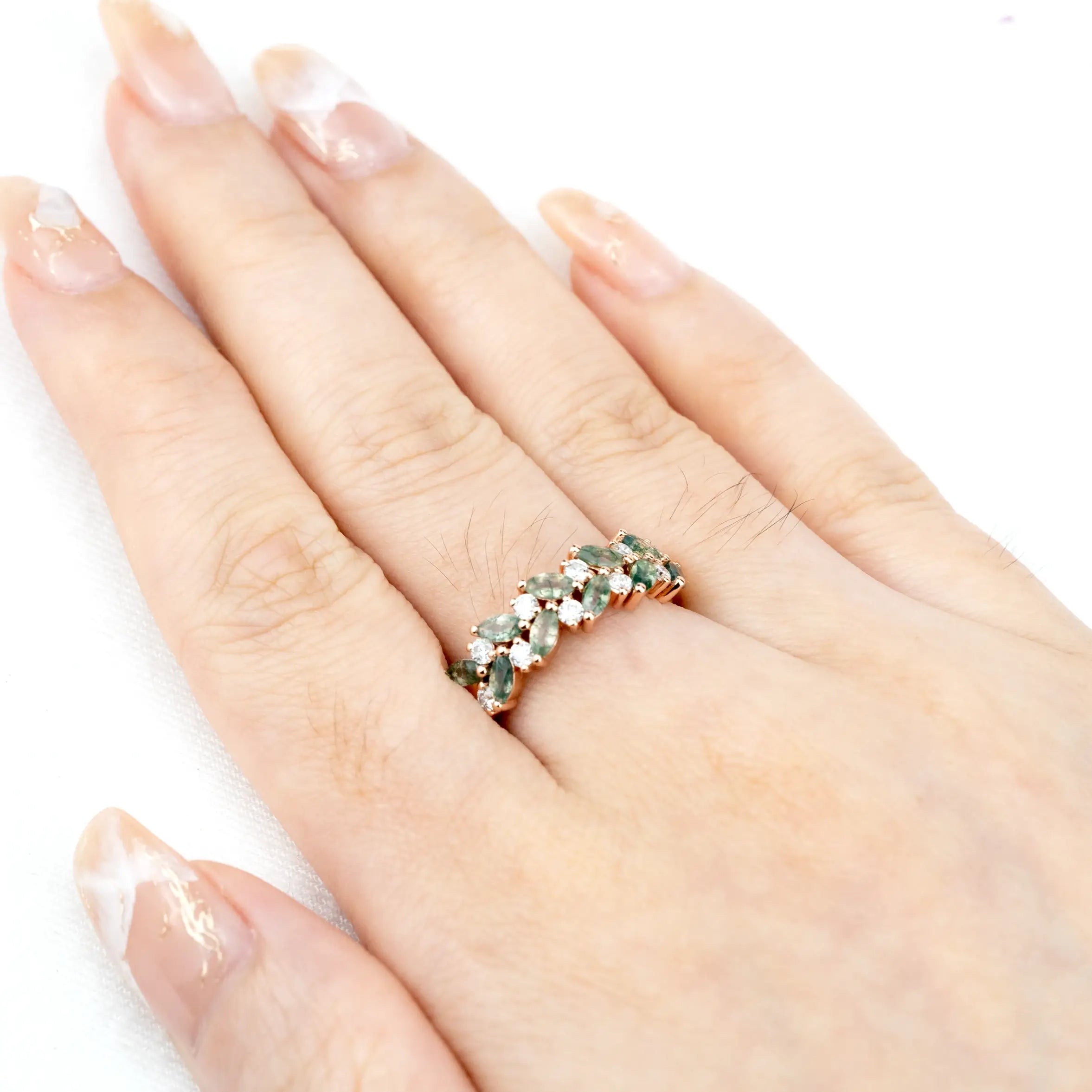 Evelyn - Nature Inspired Design Moss Agate Ring With Diamond