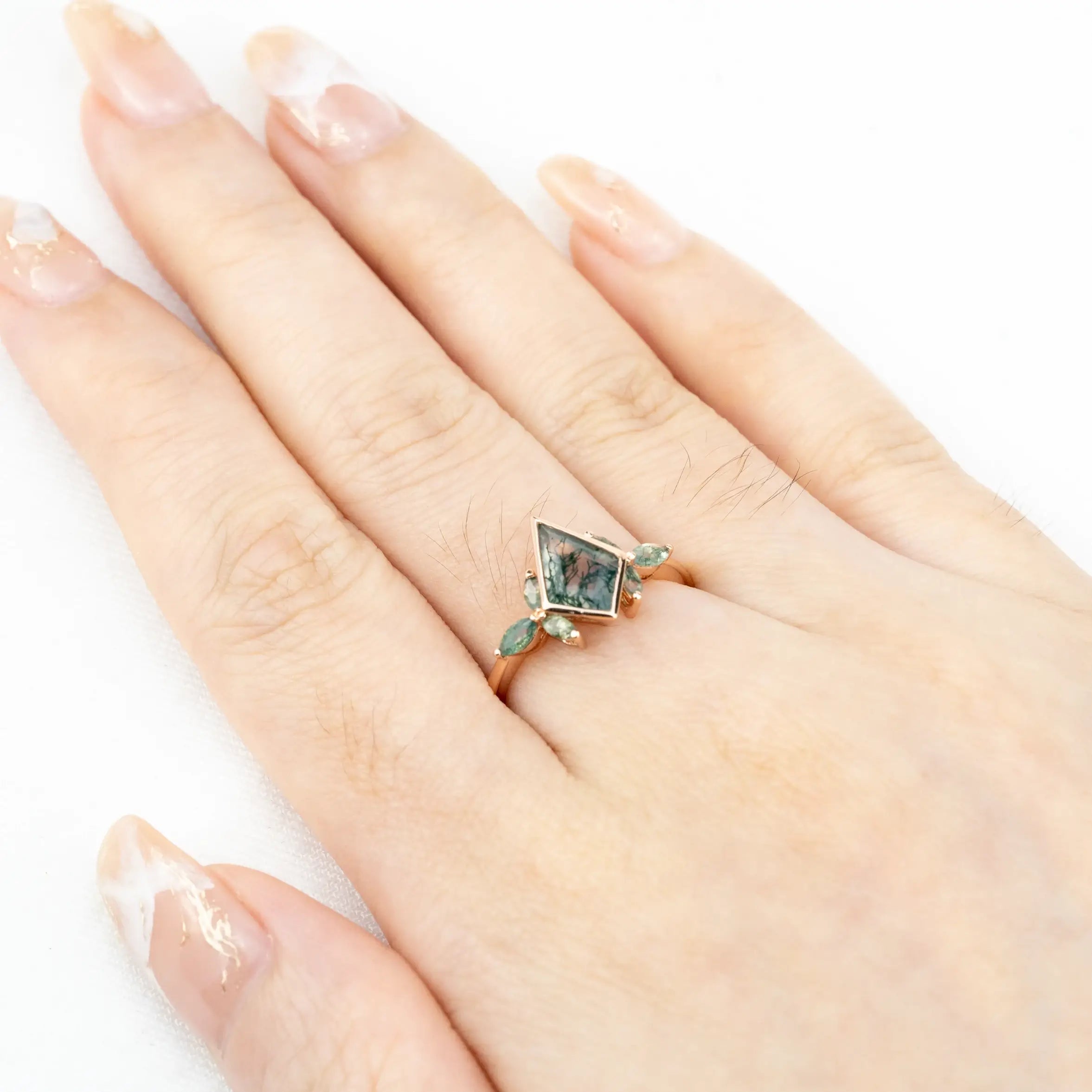 Beze Set Kite Cut Moss Agate Ring Natural Inspired Design Flora Ring engagement ring for women gold ring custom