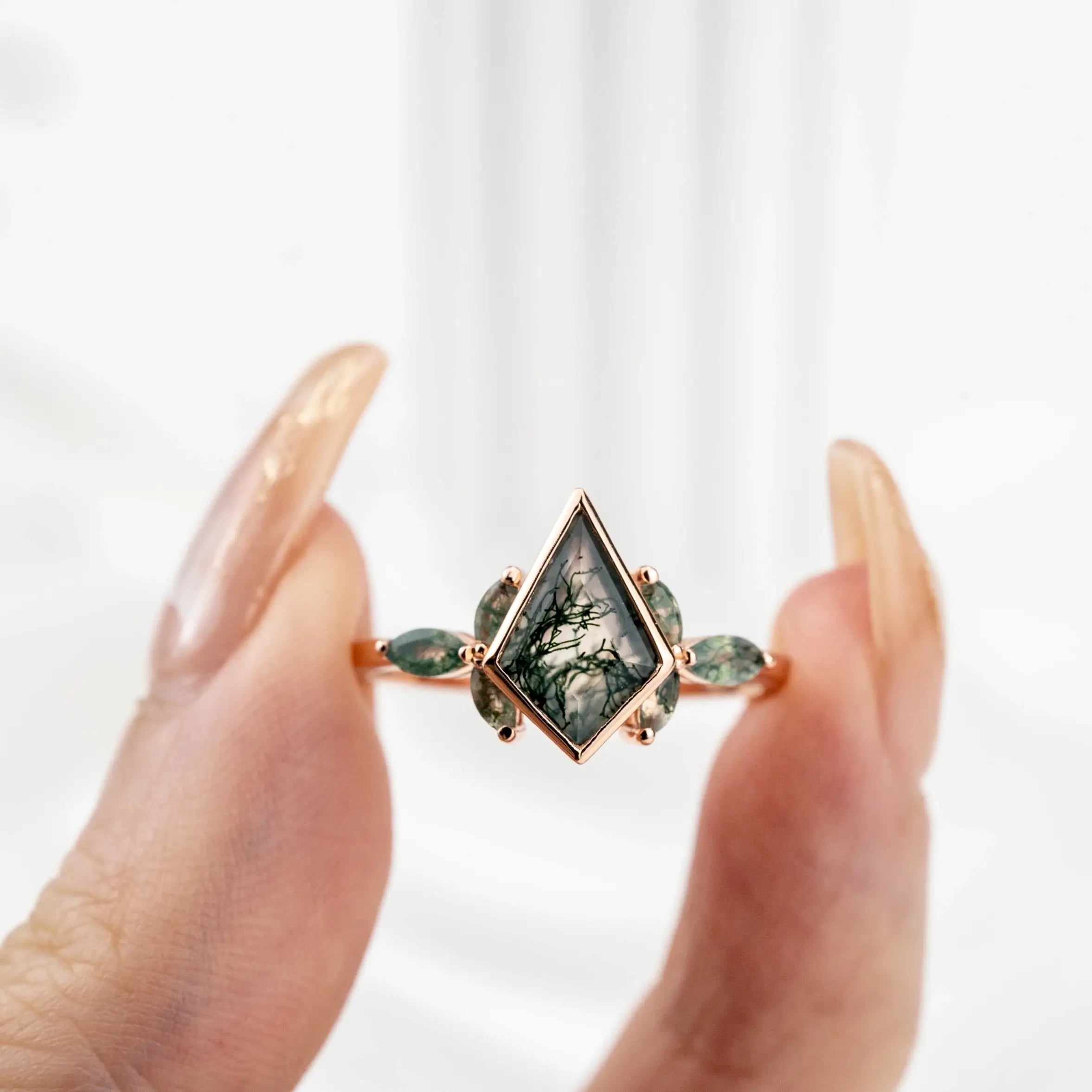 Beze Set Kite Cut Moss Agate Ring Natural Inspired Design Flora Ring engagement ring for women promise ring