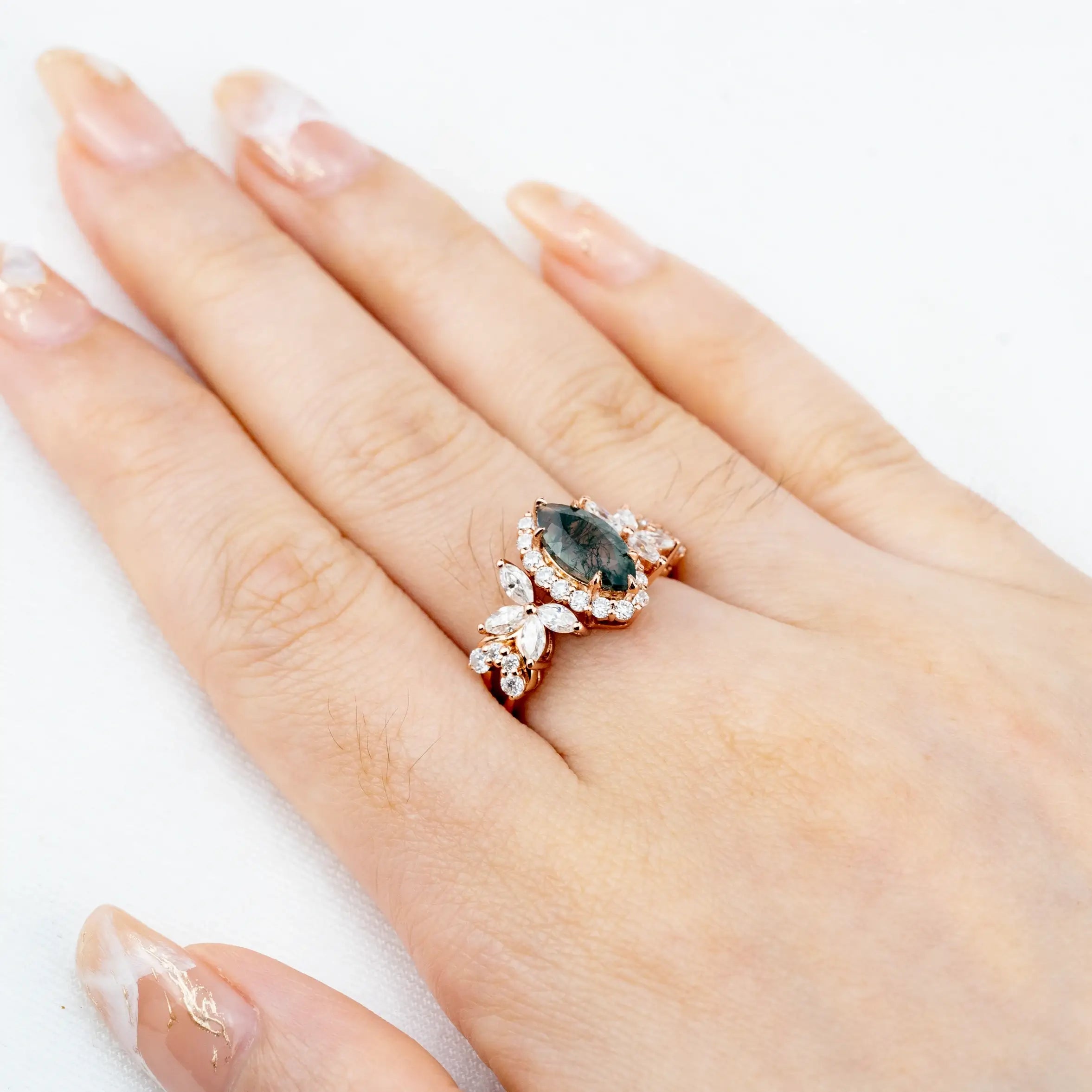 Luxurious Marquise Moss Agate Rings Halo Engagement Ring Custom gold ring for women promise gift anniversary ring for ladies