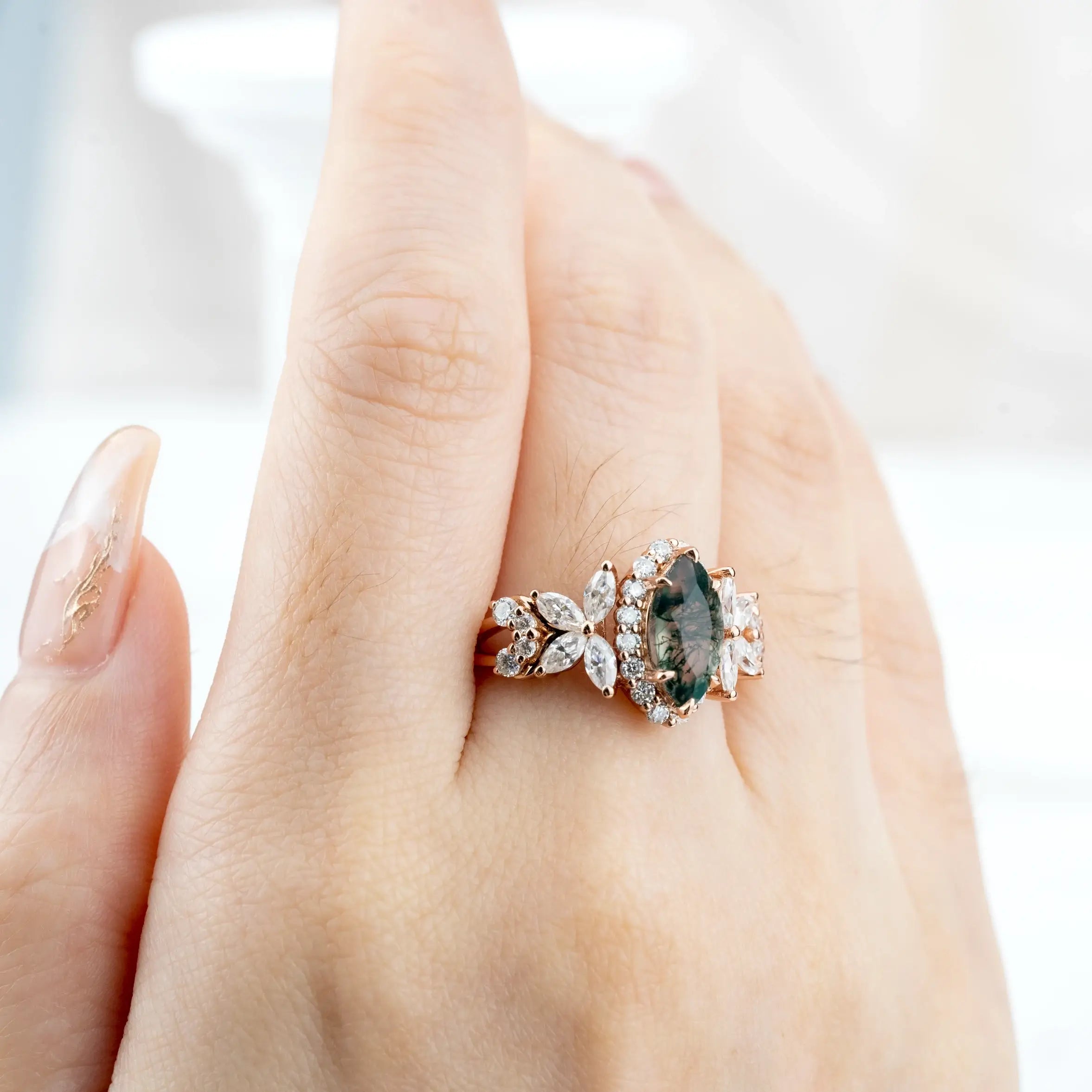 Luxurious Marquise Moss Agate Rings Halo Engagement Ring Custom gold ring for women promise gift anniversary ring for ladies