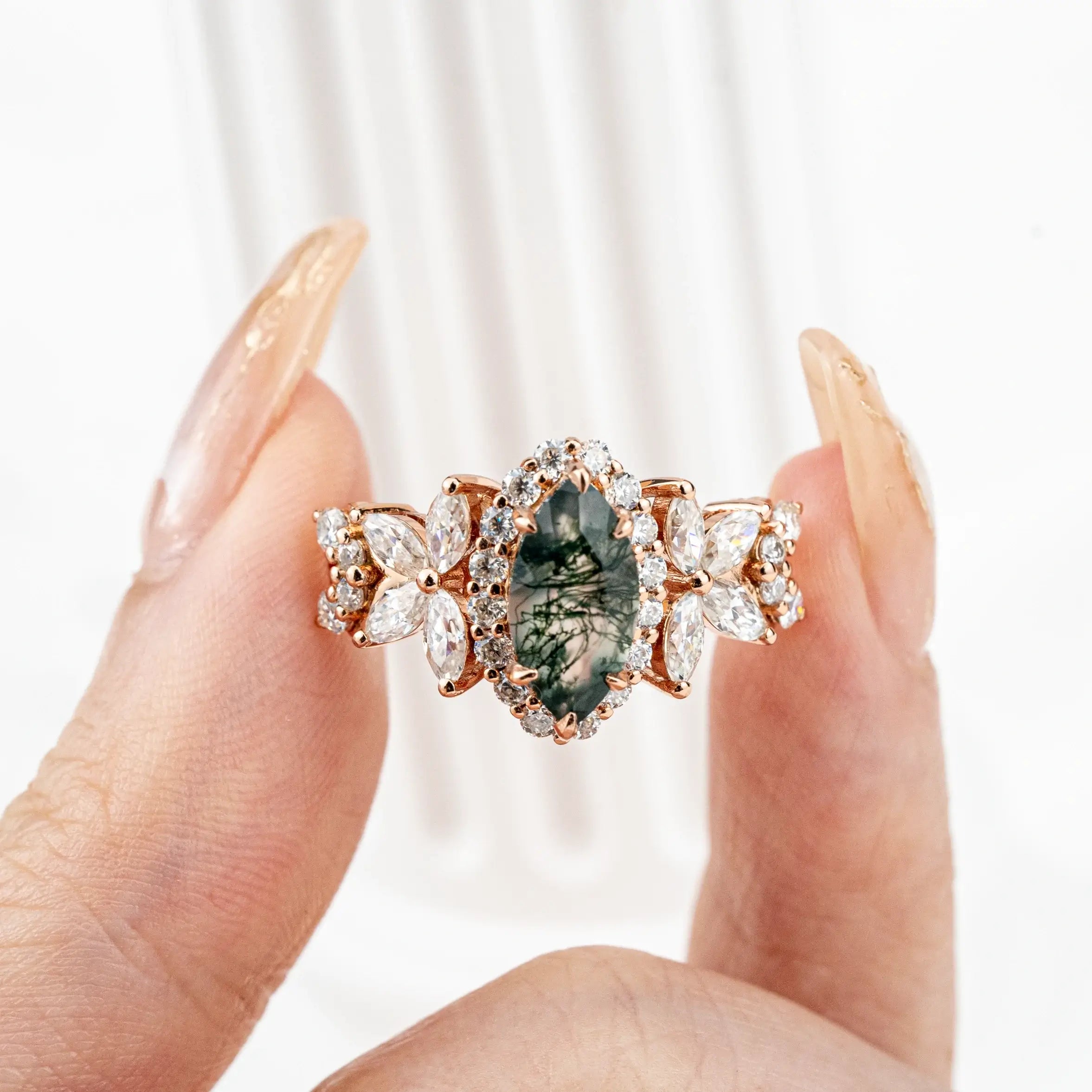 Luxurious Marquise Moss Agate Rings Halo Engagement Ring Custom gold ring for women promise gift anniversary ring for ladies