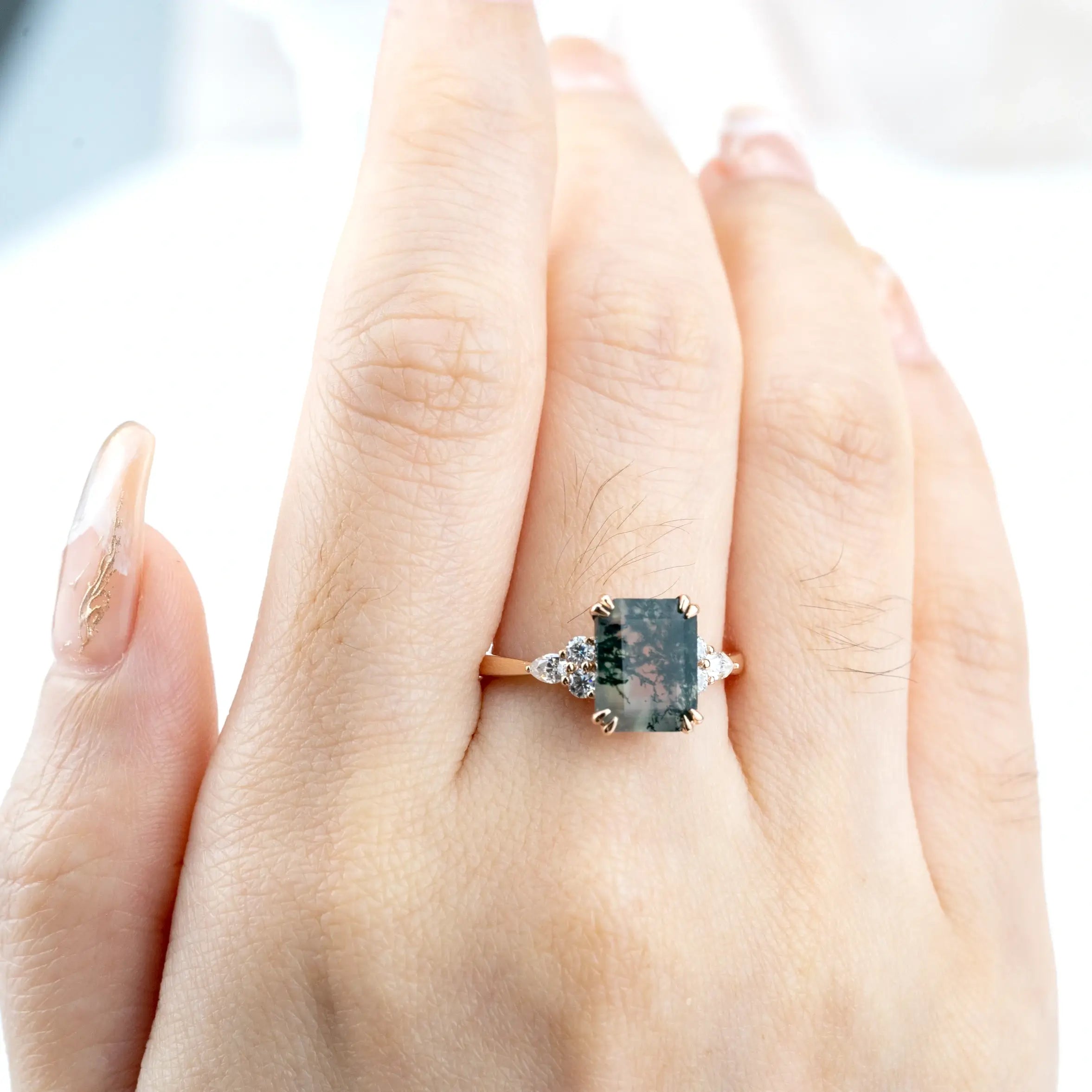 Evangeline - Emerald Cut Moss Agate Ring Cluster Ring custom engagement ring for women gift