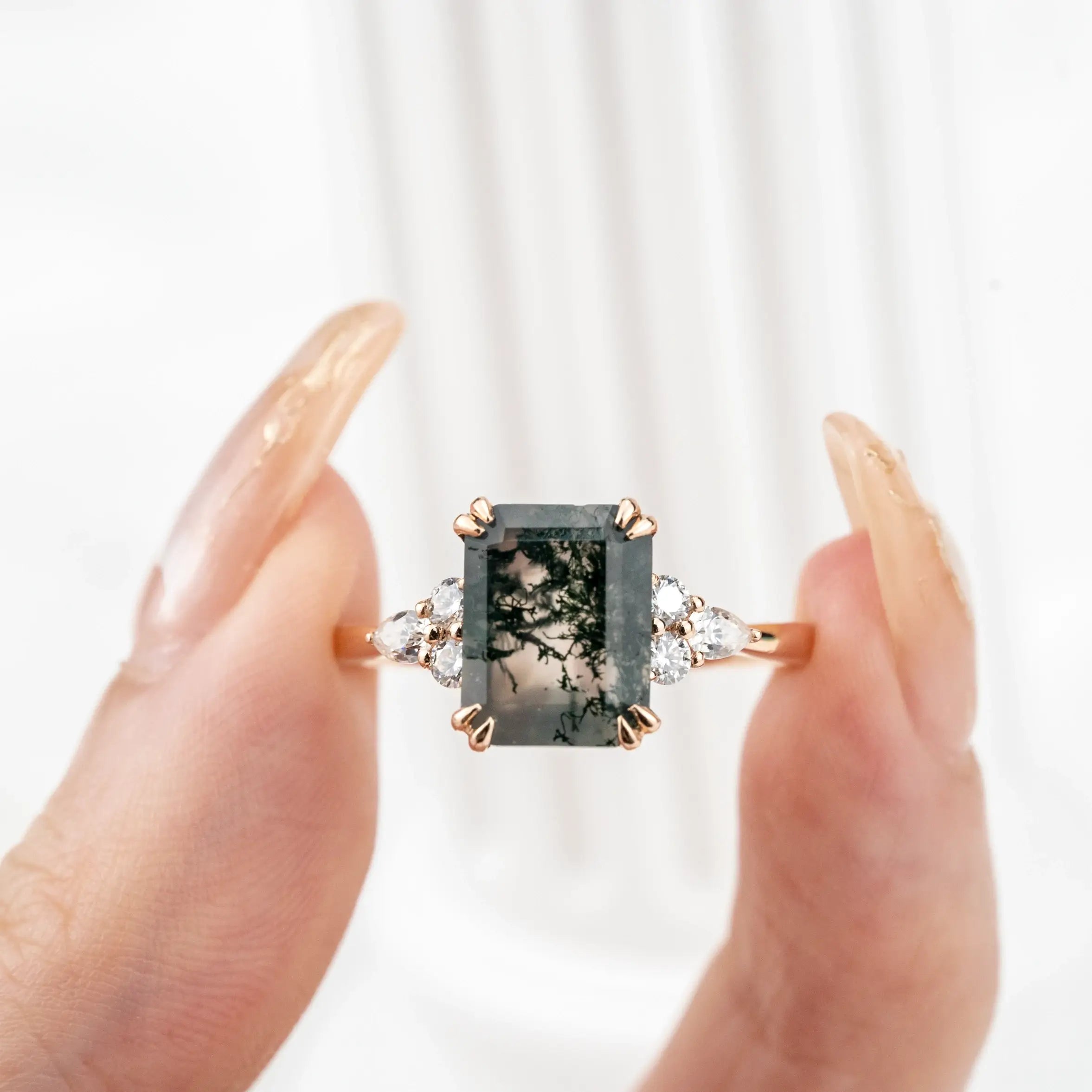 Evangeline - Emerald Cut Moss Agate Ring Cluster Ring custom engagement ring for women gift