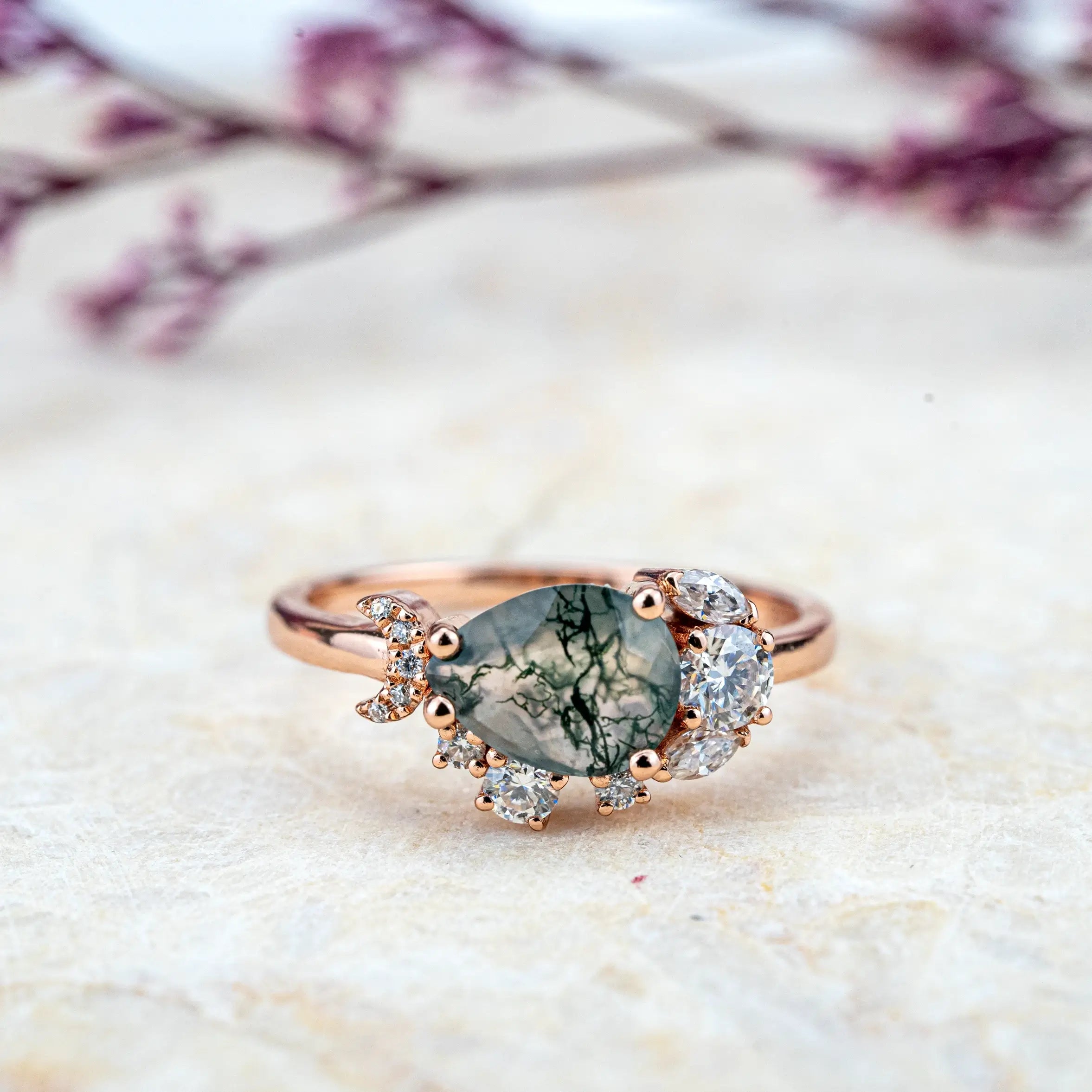 Unique Pear Moss Agate Ring | Custom Engagement Ring Handmade AURUMLUMIONS