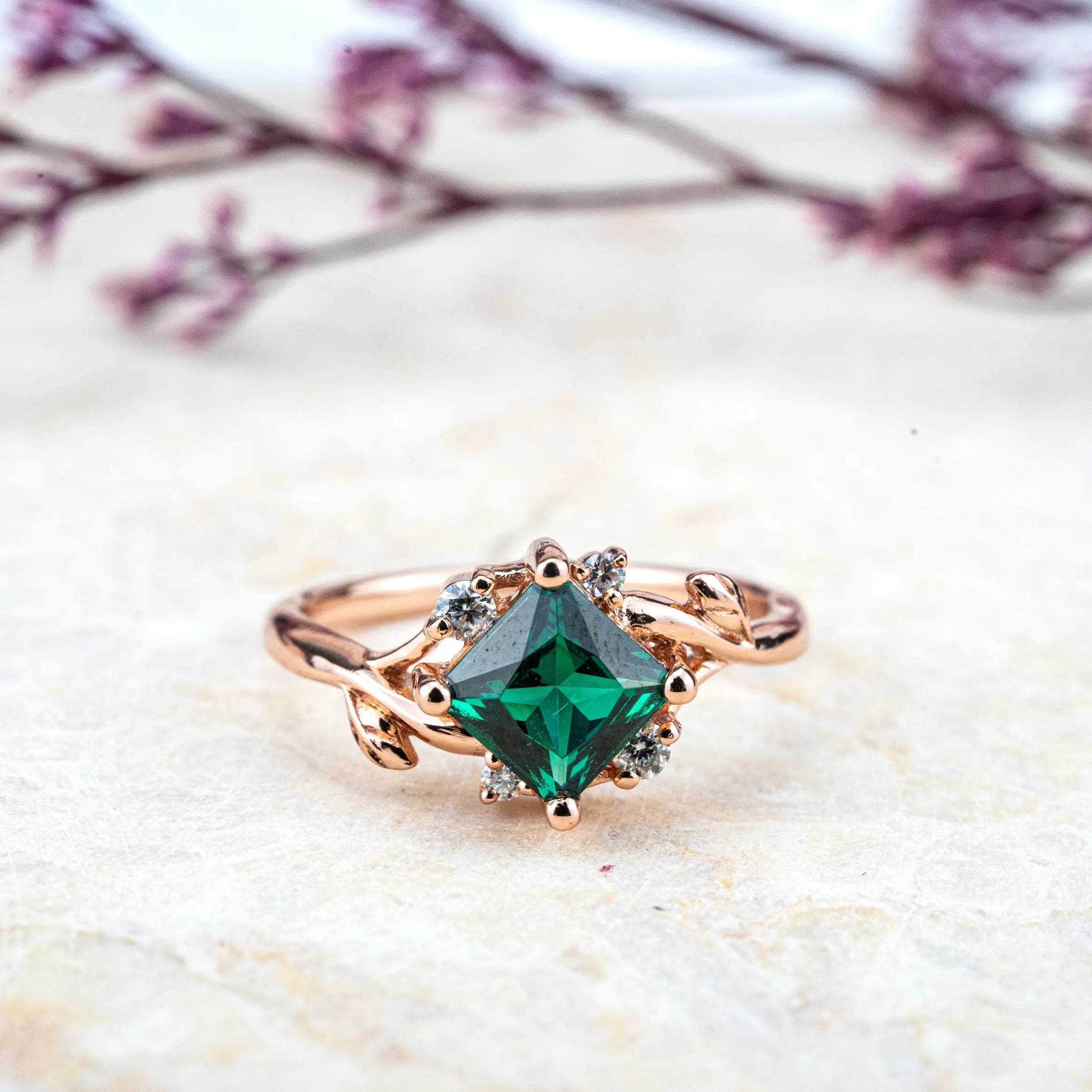 Elysia – Princess Cut Lab Emerald Leaf Ring Green Stone birthstone rings for women