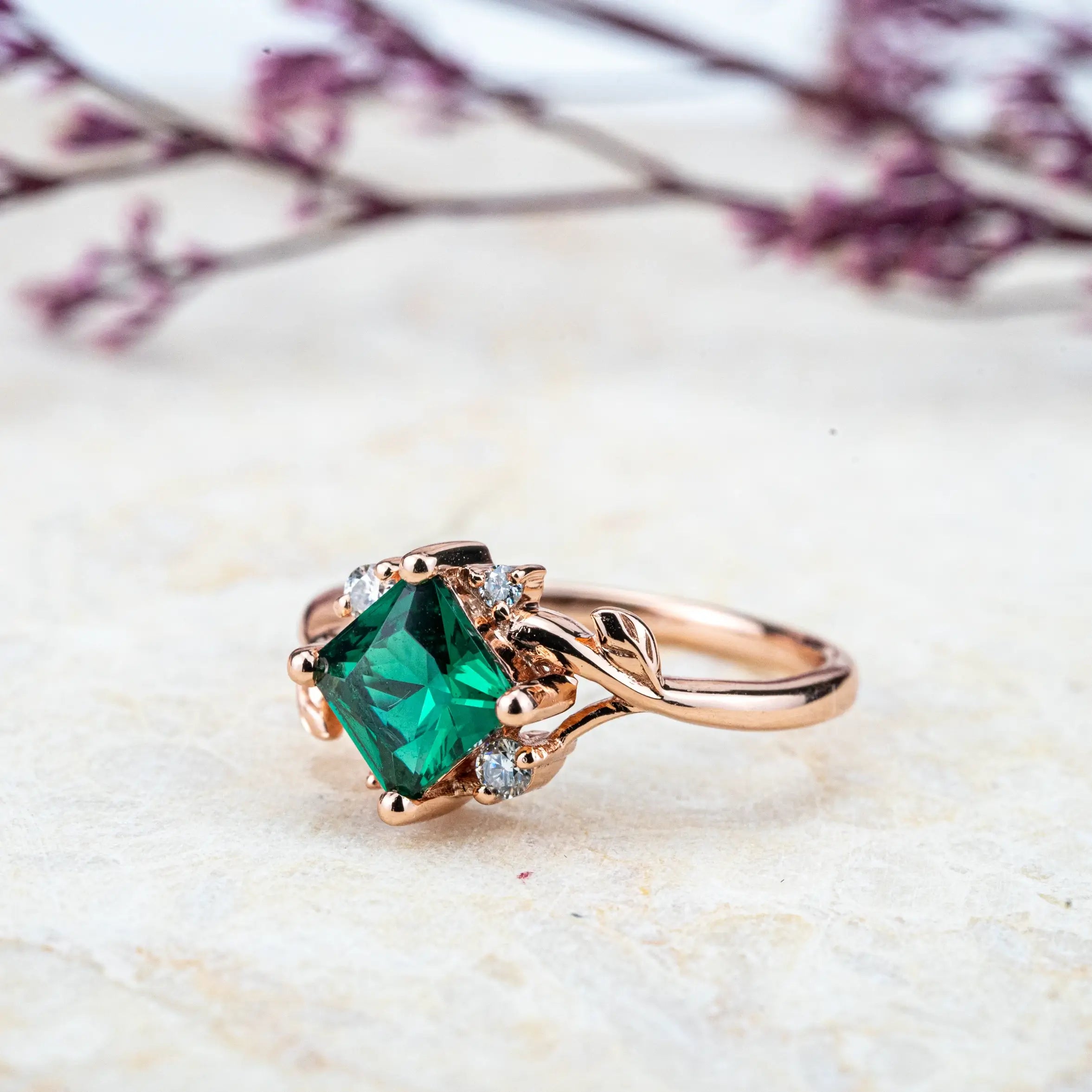 Elysia – Princess Cut Lab Emerald Leaf Ring Green Stone birthstone rings for women