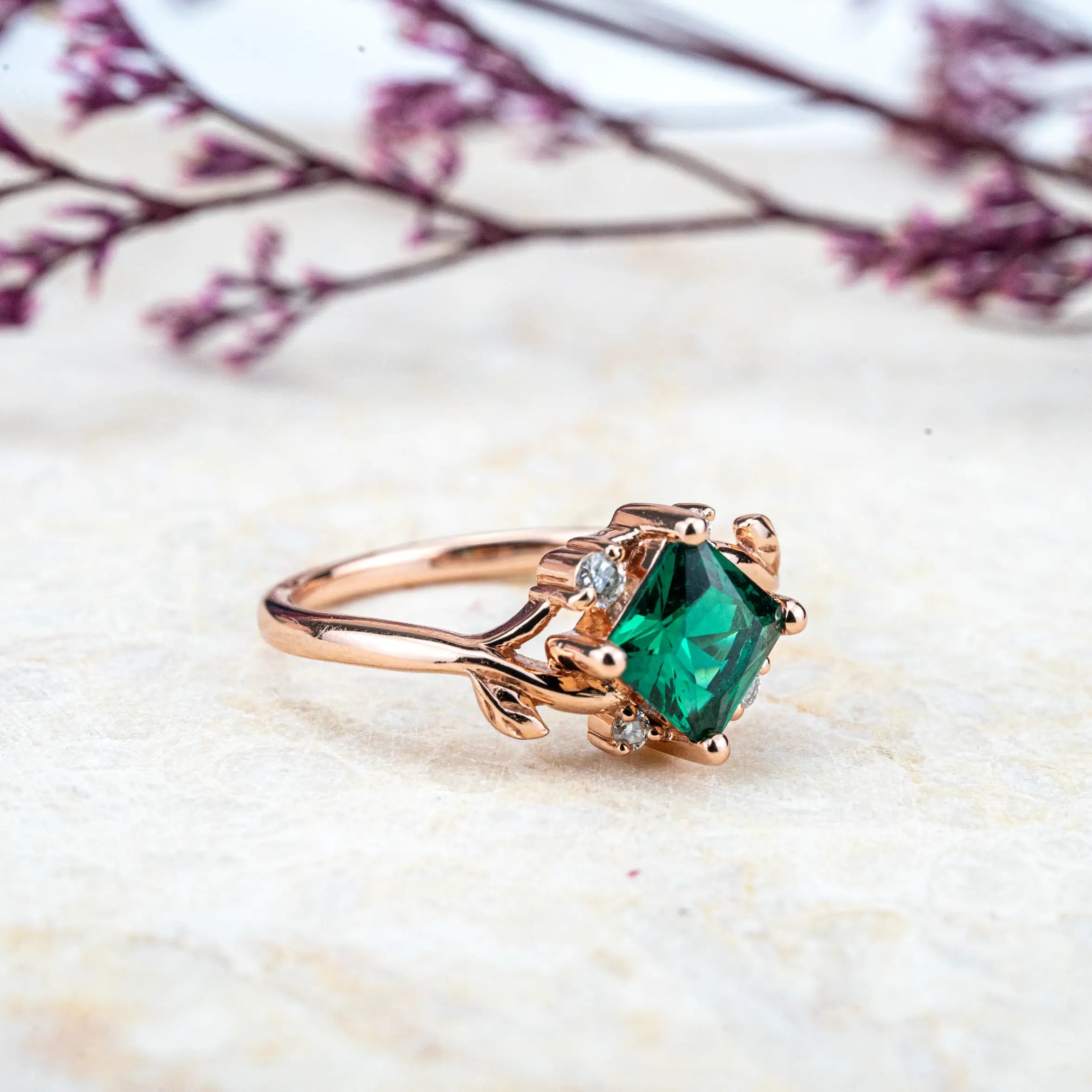 Elysia – Princess Cut Lab Emerald Leaf Ring Green Stone birthstone rings for women CUSTOM HANDMADE RING SOLID GOLD