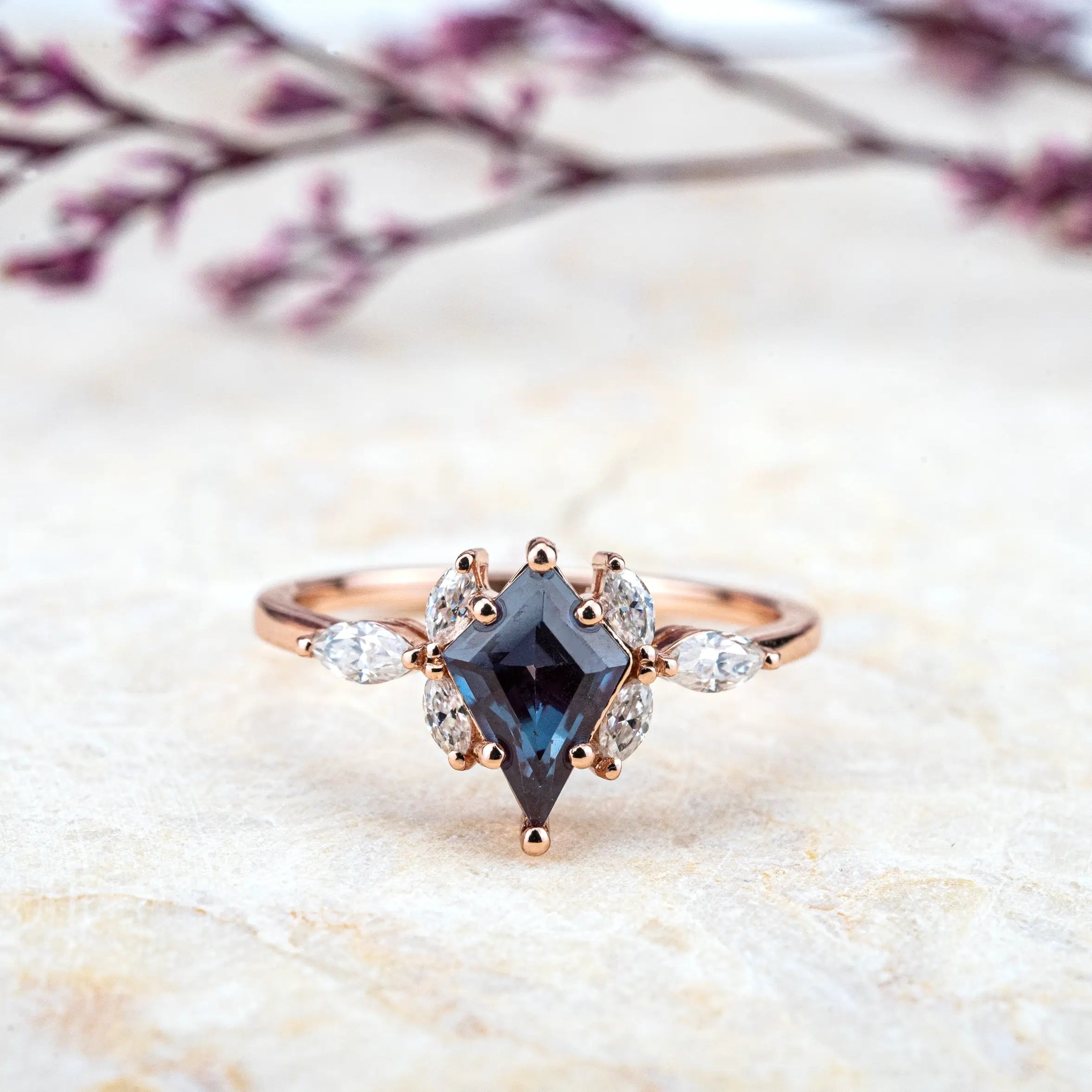 Celeste - Kite Cut Lab Alexandrite Ring Flower Design Anniversary Rings aurumluminos custom handmade gold ring