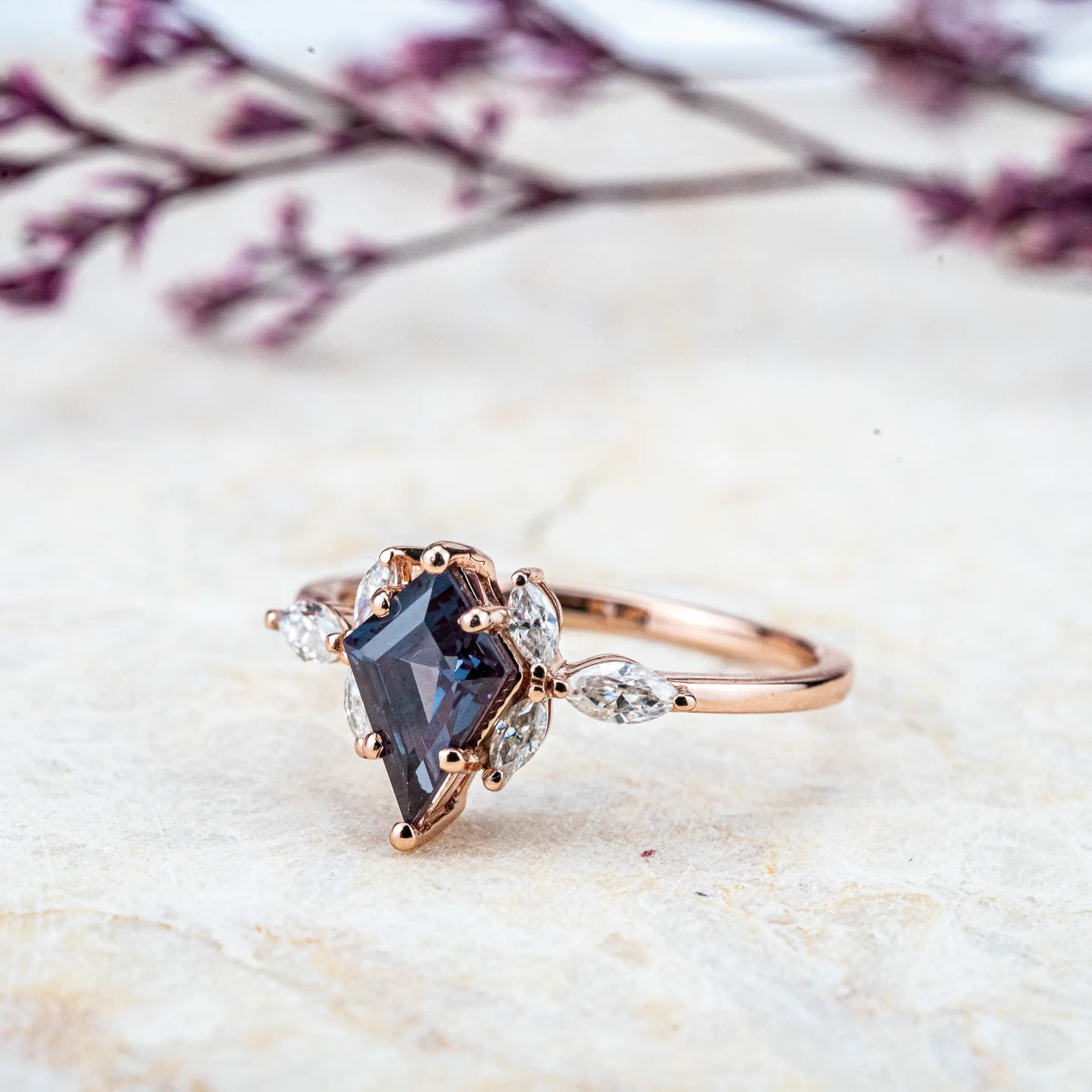 Kite Cut Lab Alexandrite Ring Flower Design Anniversary Rings aurumluminos custom handmade gold ring