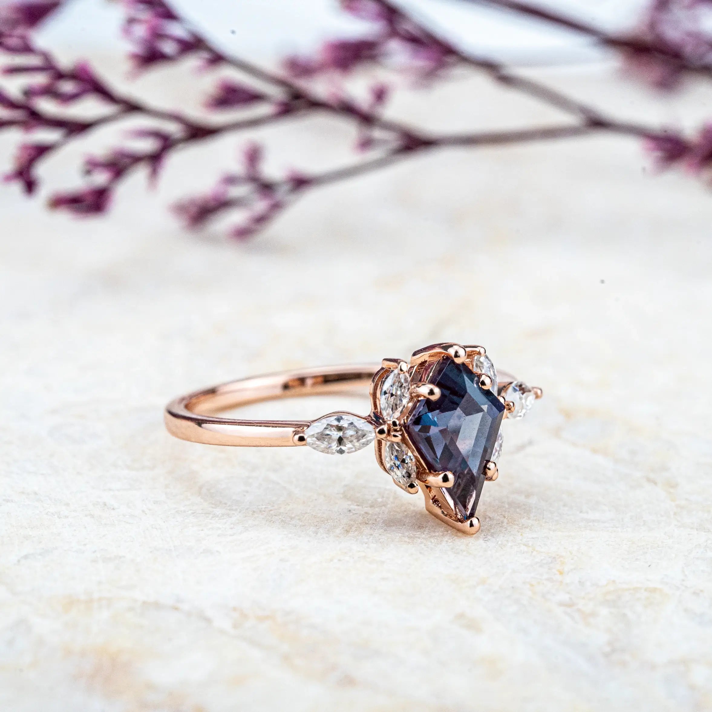 Celeste - Kite Cut Lab Alexandrite Ring Flower Design Anniversary Rings aurumluminos custom handmade gold ring