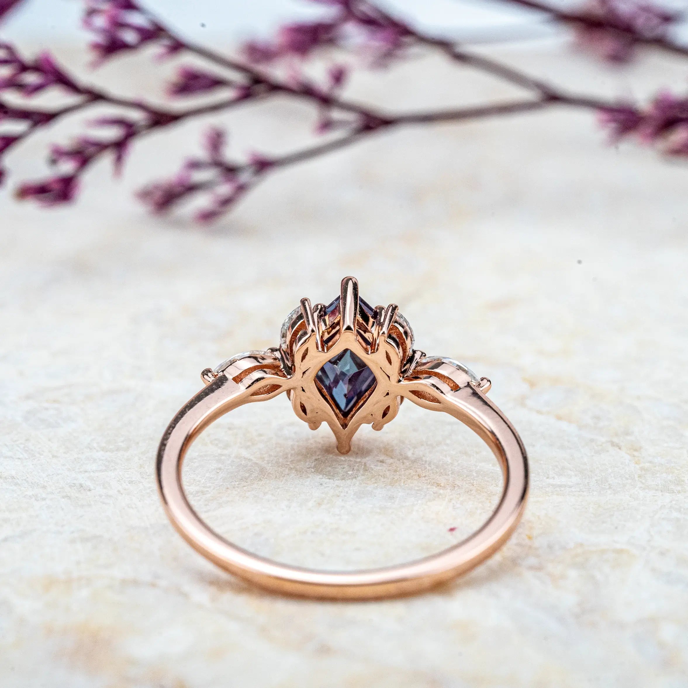 Celeste - Kite Cut Lab Alexandrite Ring Flower Design Anniversary Rings