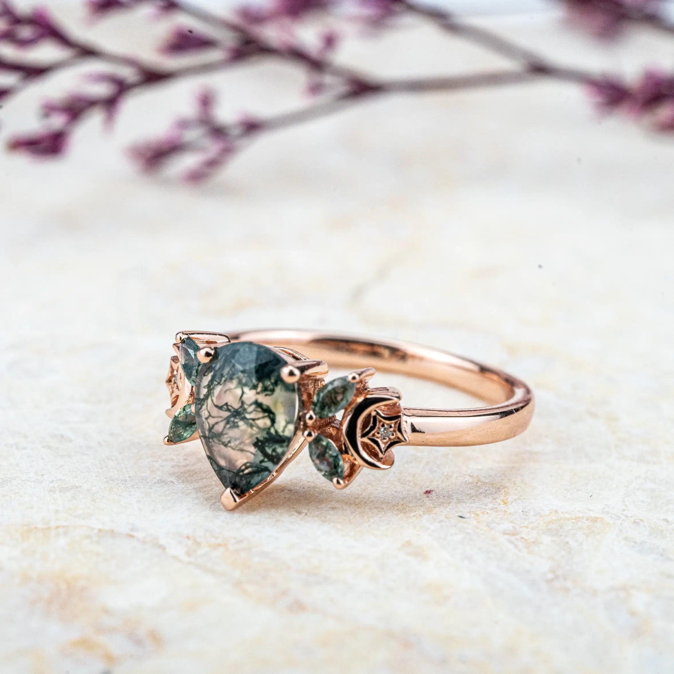 Lunar Essence - Pear Cut Moss Agate Ring Moon Band custom handmade ring for women promise rings anniversary gift