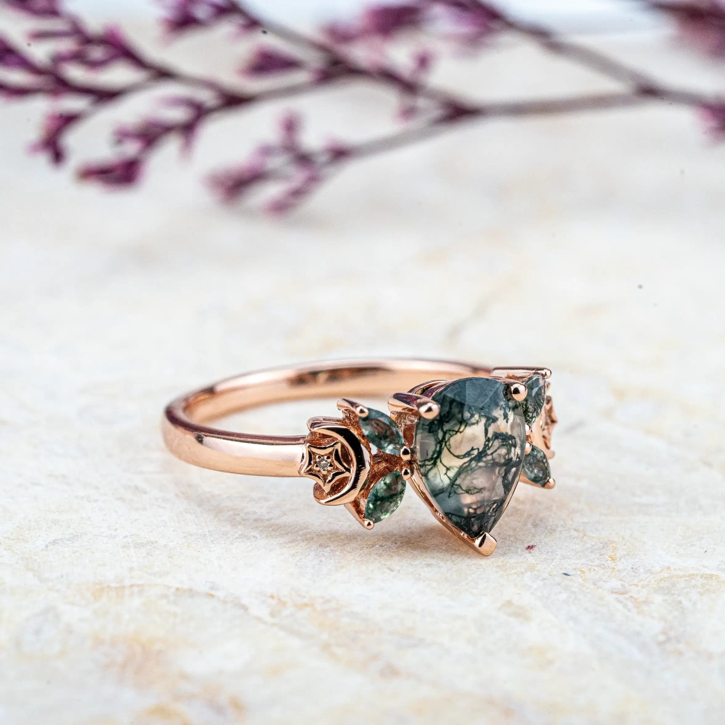 Lunar Essence - Pear Cut Moss Agate Ring Moon Band custom handmade ring for women natural gem