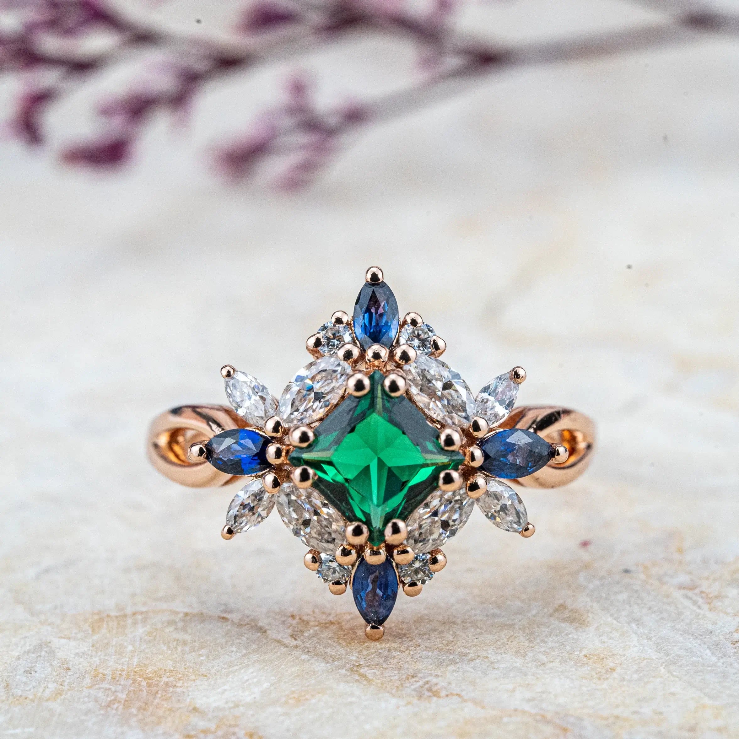 Lab Emerald Ring Butterfly Desgin Art Engagement Rings AURUMLUMINOS HANDMADE jewelry promise rings