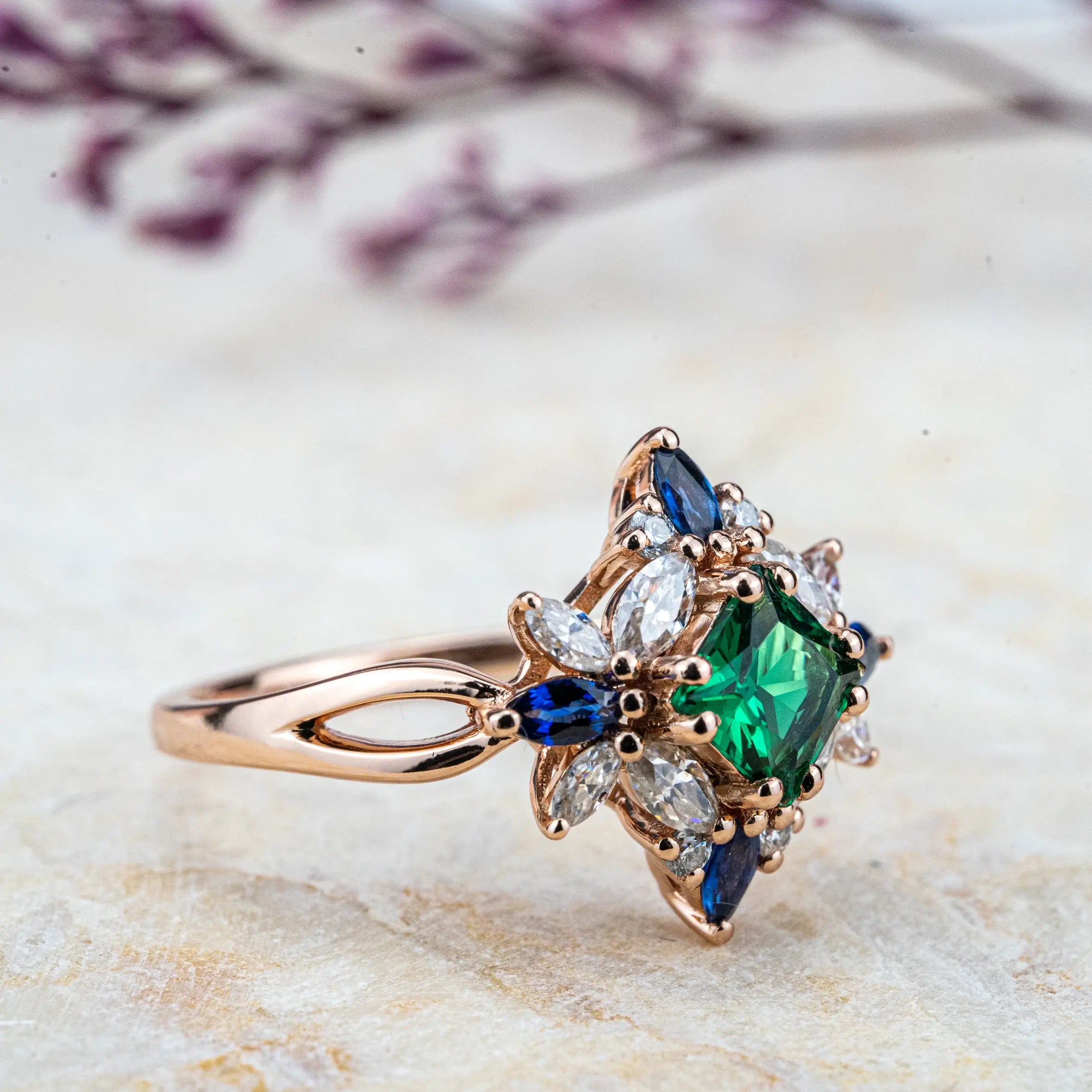 Enclave - Lab Emerald Ring Butterfly Desgin Art Engagement Rings