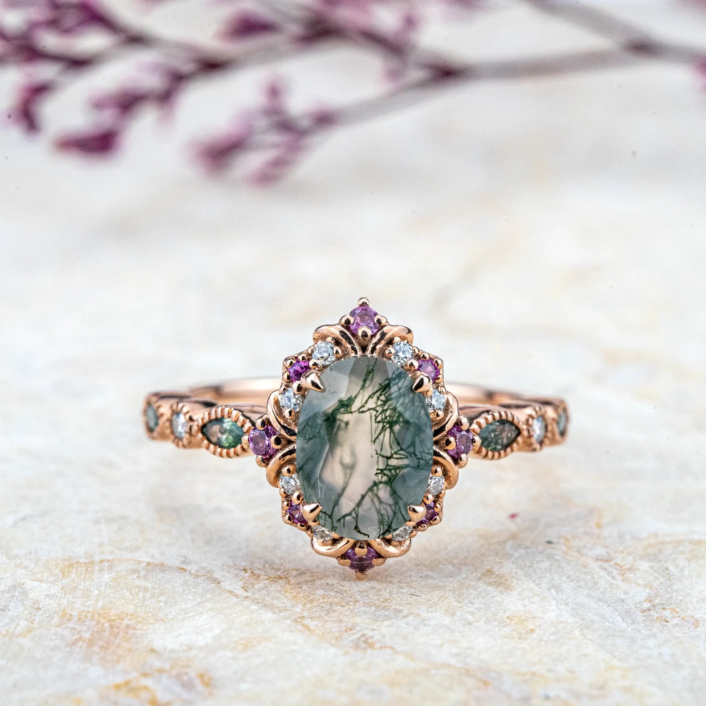 Whispering -Oval Moss Agate Rings Vintage Engagement Ring