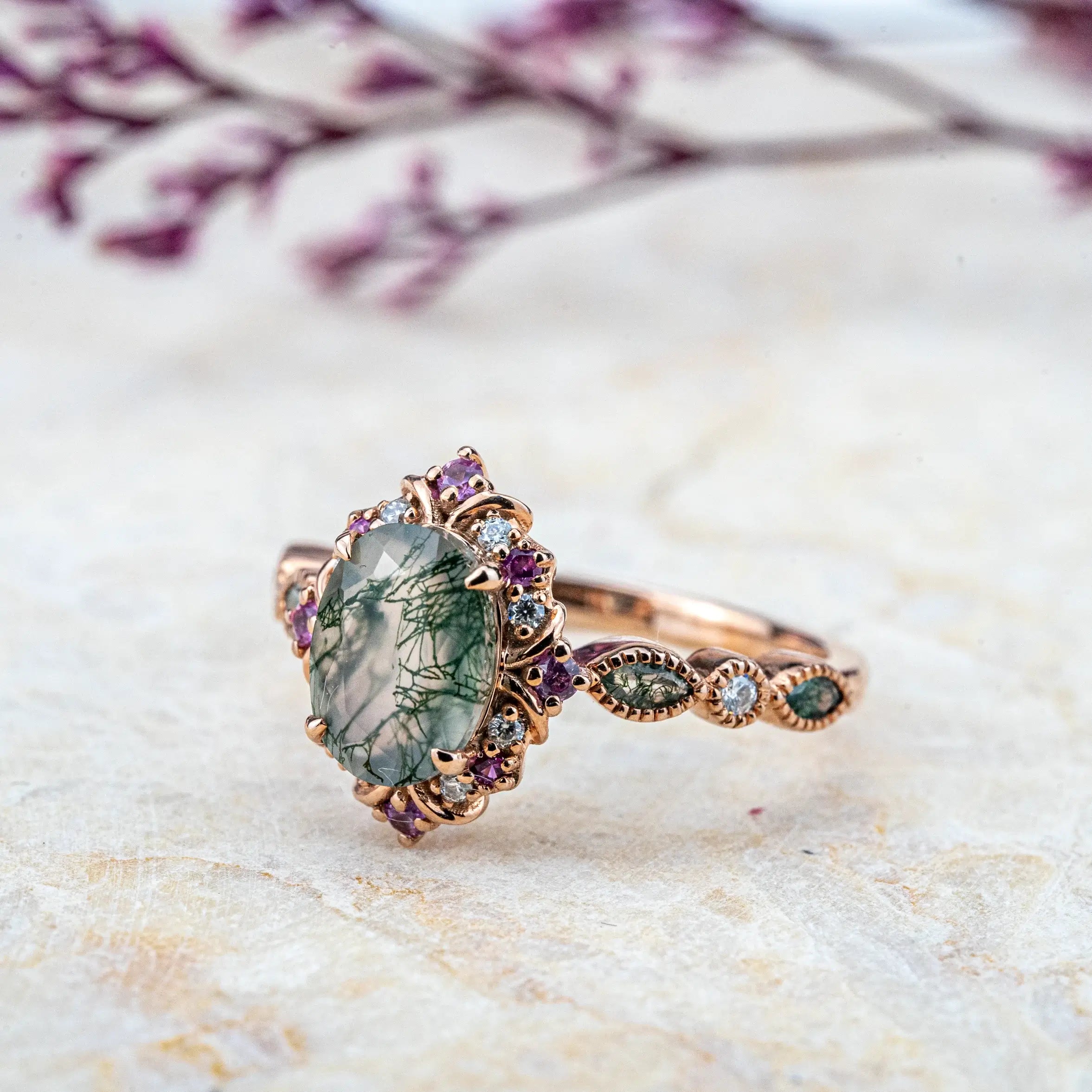 Whispering -Oval Moss Agate Rings Vintage Engagement Ring anniversary rings for ladies