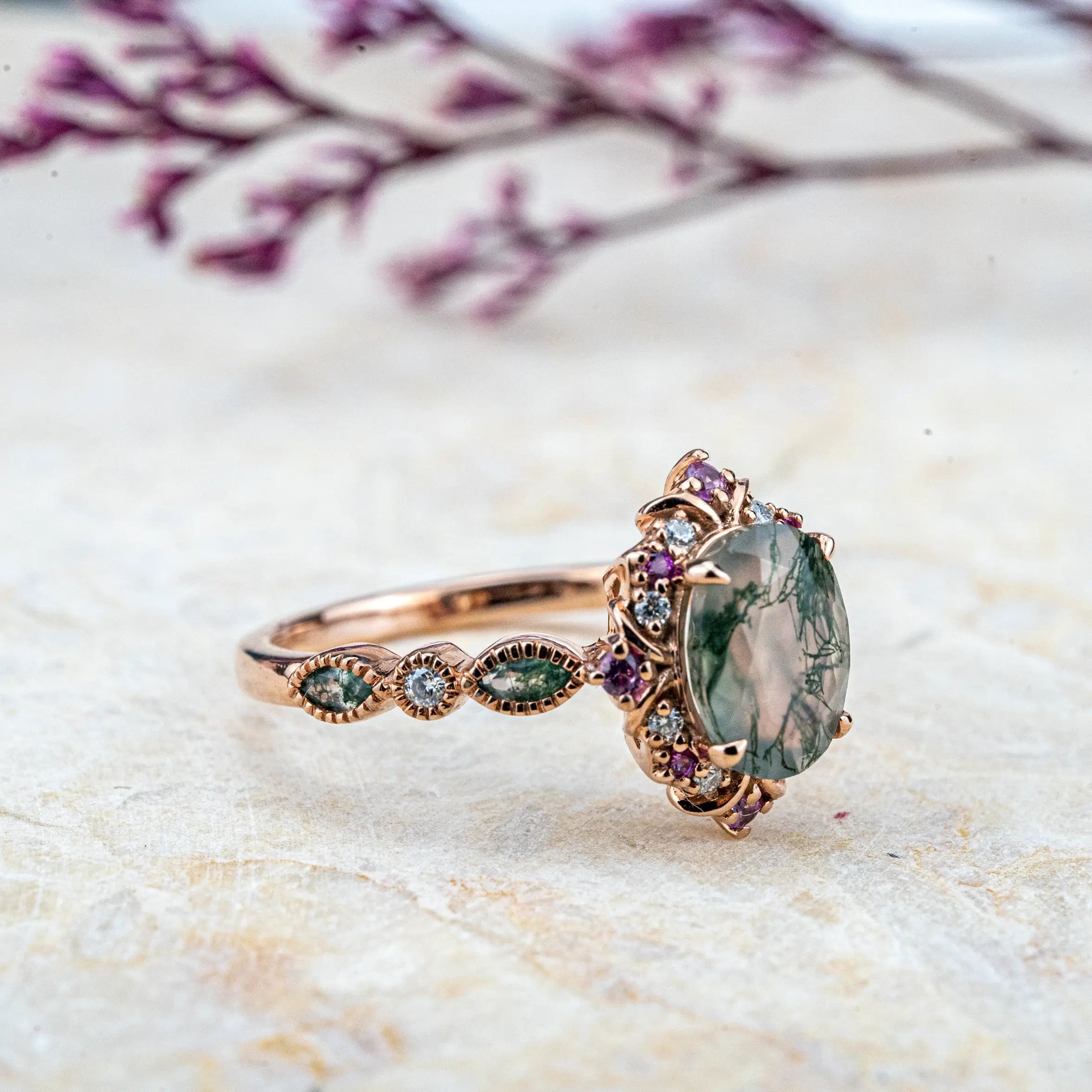 Whispering -Oval Moss Agate Rings Vintage Engagement Ring custom gold ring