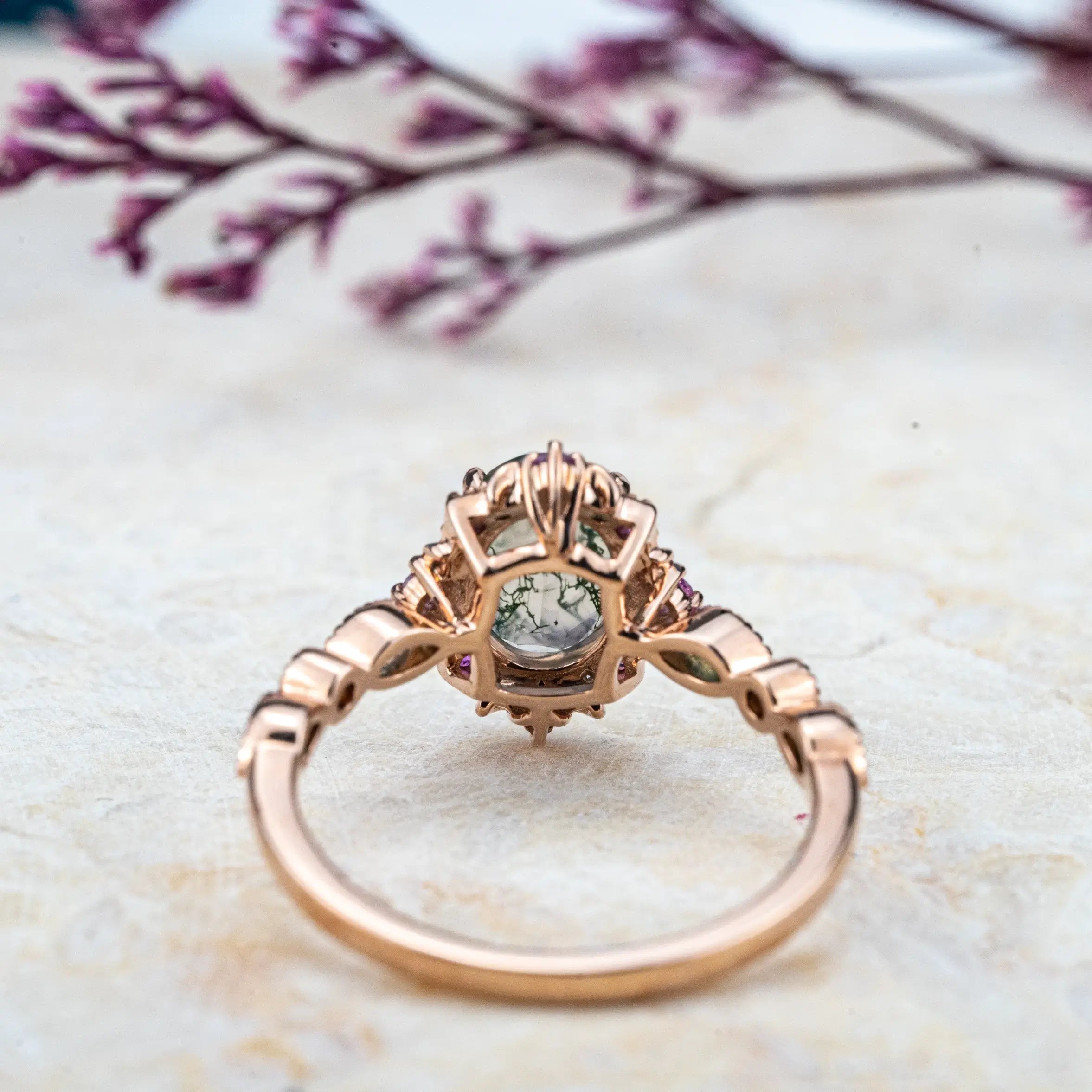 Whispering -Oval Moss Agate Rings Vintage Engagement Ring