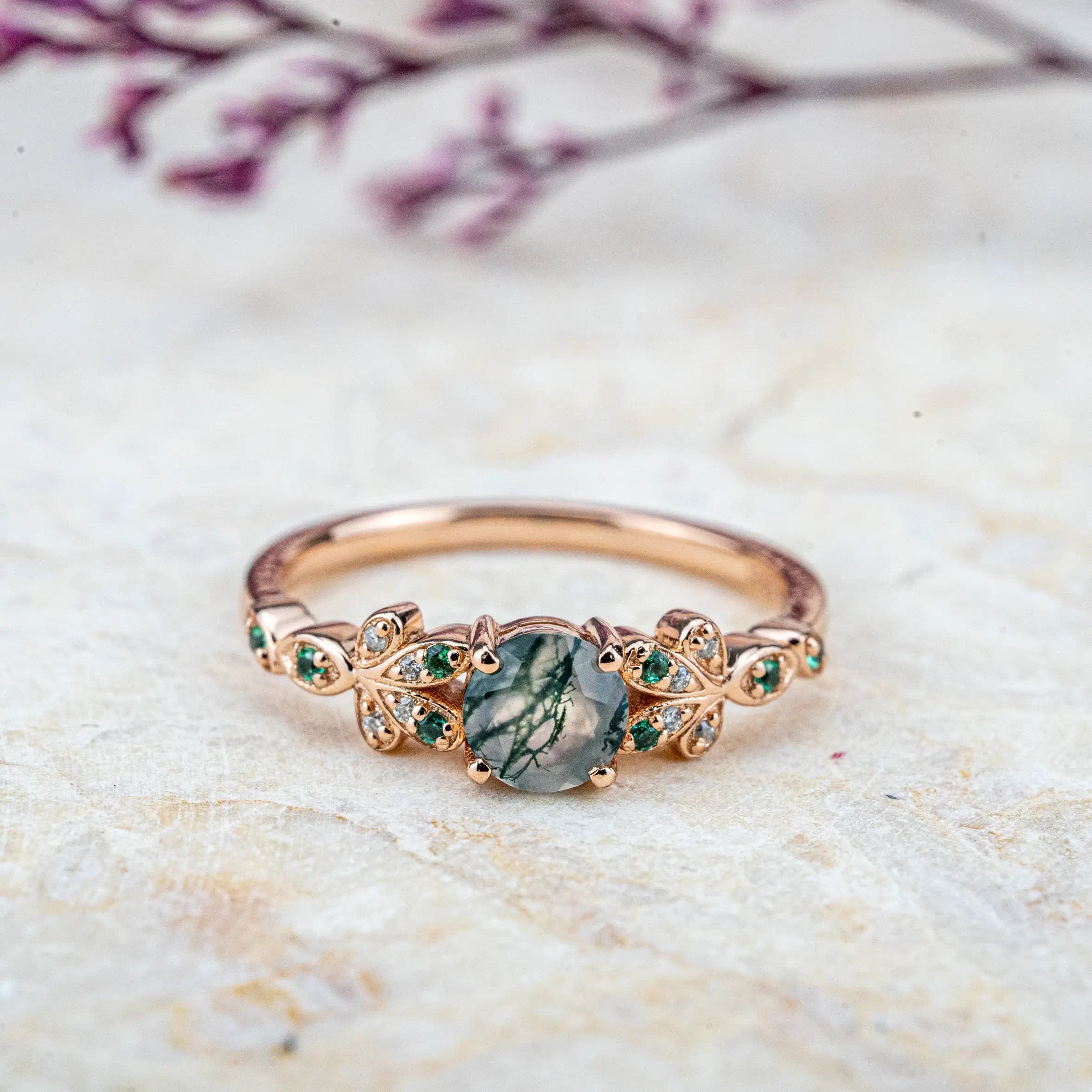 Blossom - Round Cut Moss Agate Ring Custom Flower Ring anniversary rings for ladies