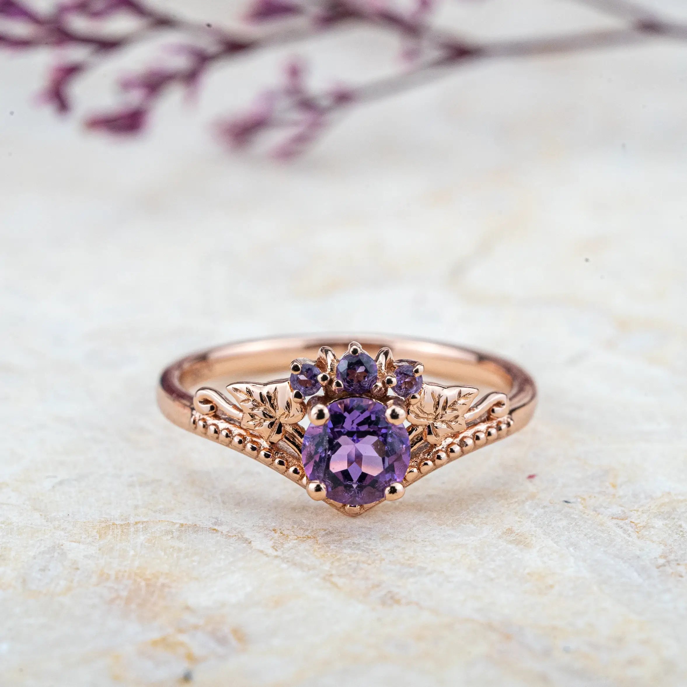 Custom gold ring- Round Amethyst Ring Vintage Leaf Engagement Rings