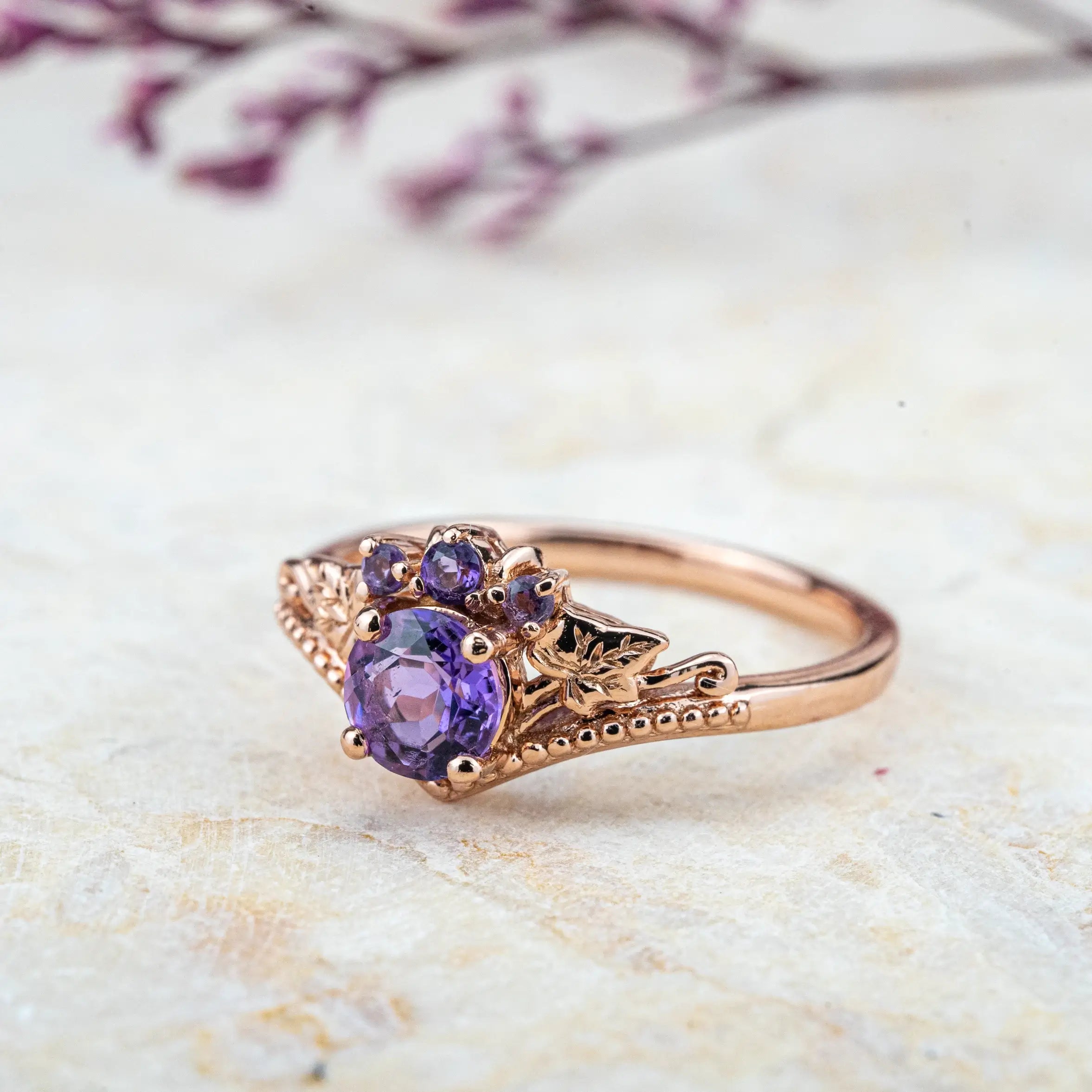 Custom gold ring- Round Amethyst Ring Vintage Leaf Engagement Rings aurumluminos jewelry brand