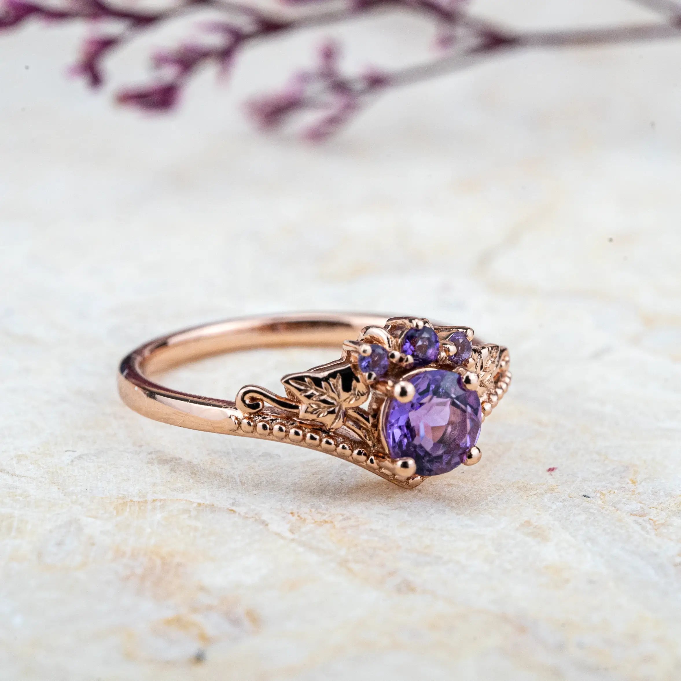 Bloom - Round Amethyst Ring Vintage Leaf Engagement Rings